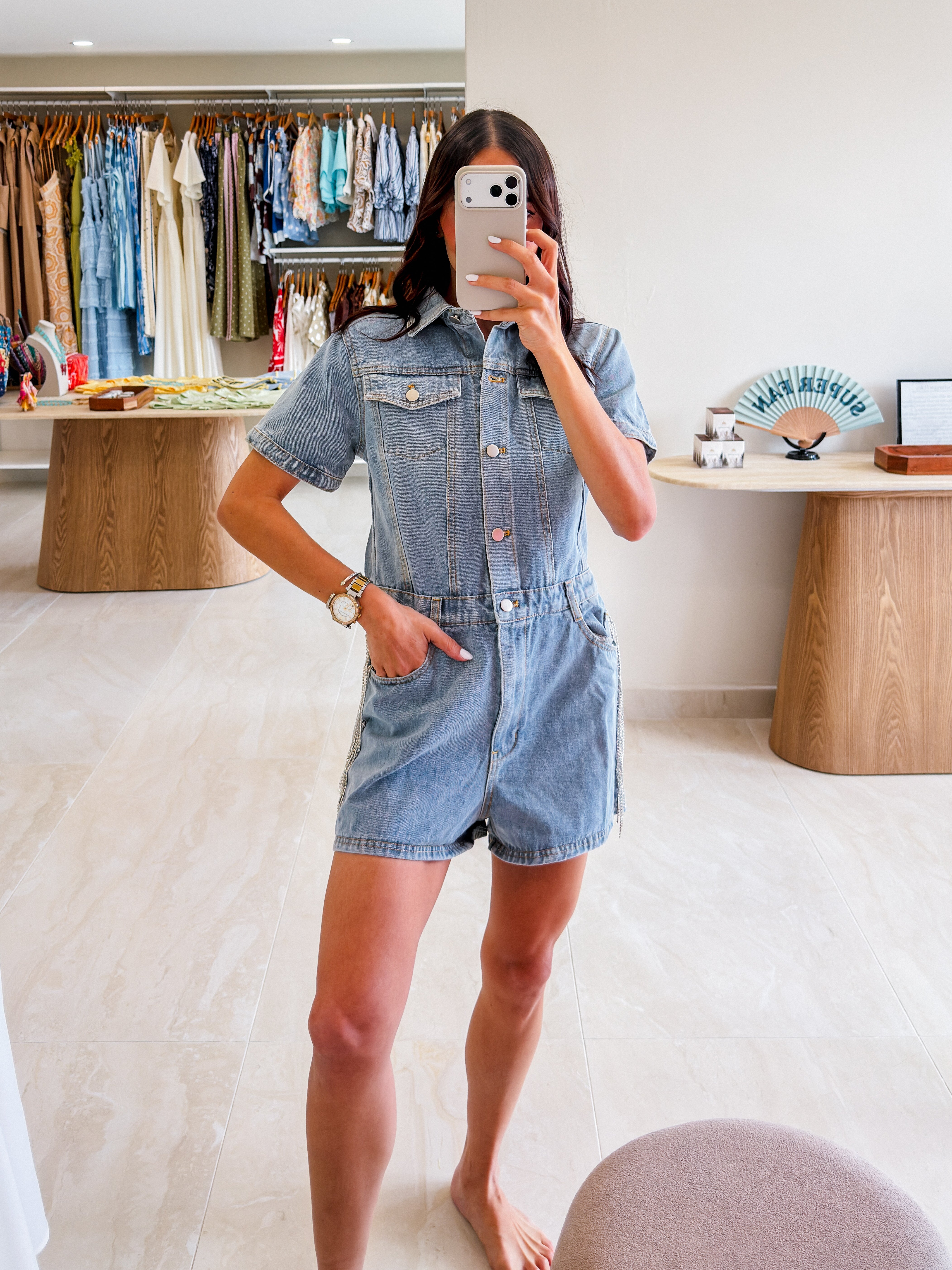 FRINGE POCKETS DENIM ROMPER