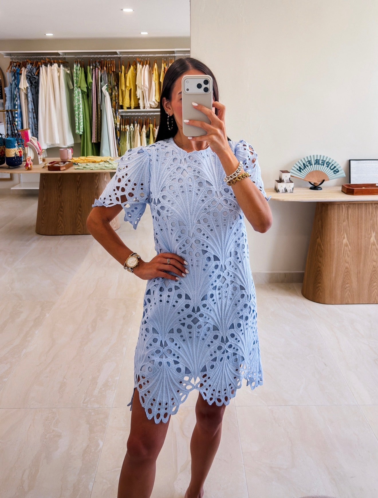 LIA SEASHELLS LACE BLUE MINI DRESS