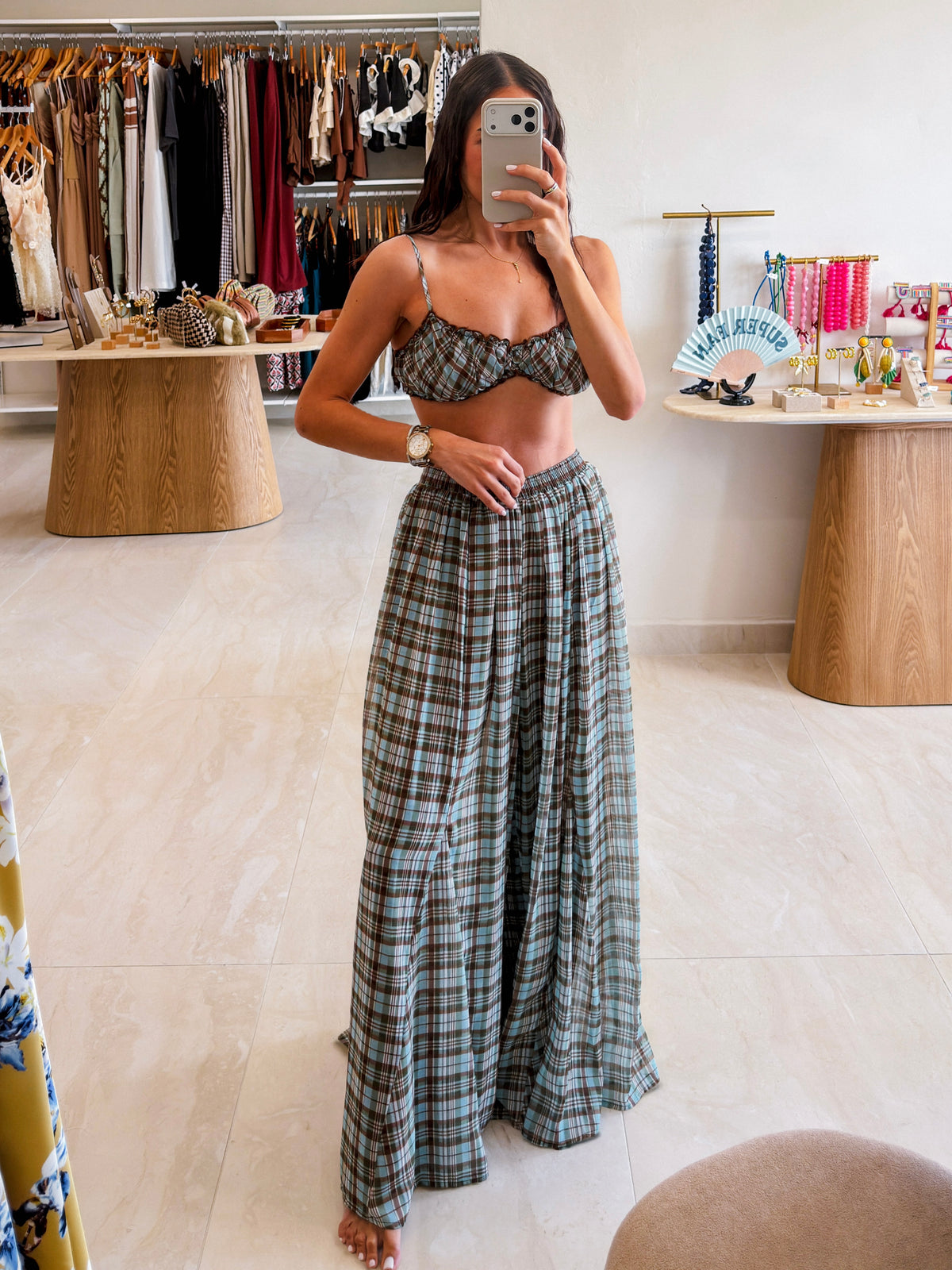 SARA PLAID RUCHED TOP AND PANT SET