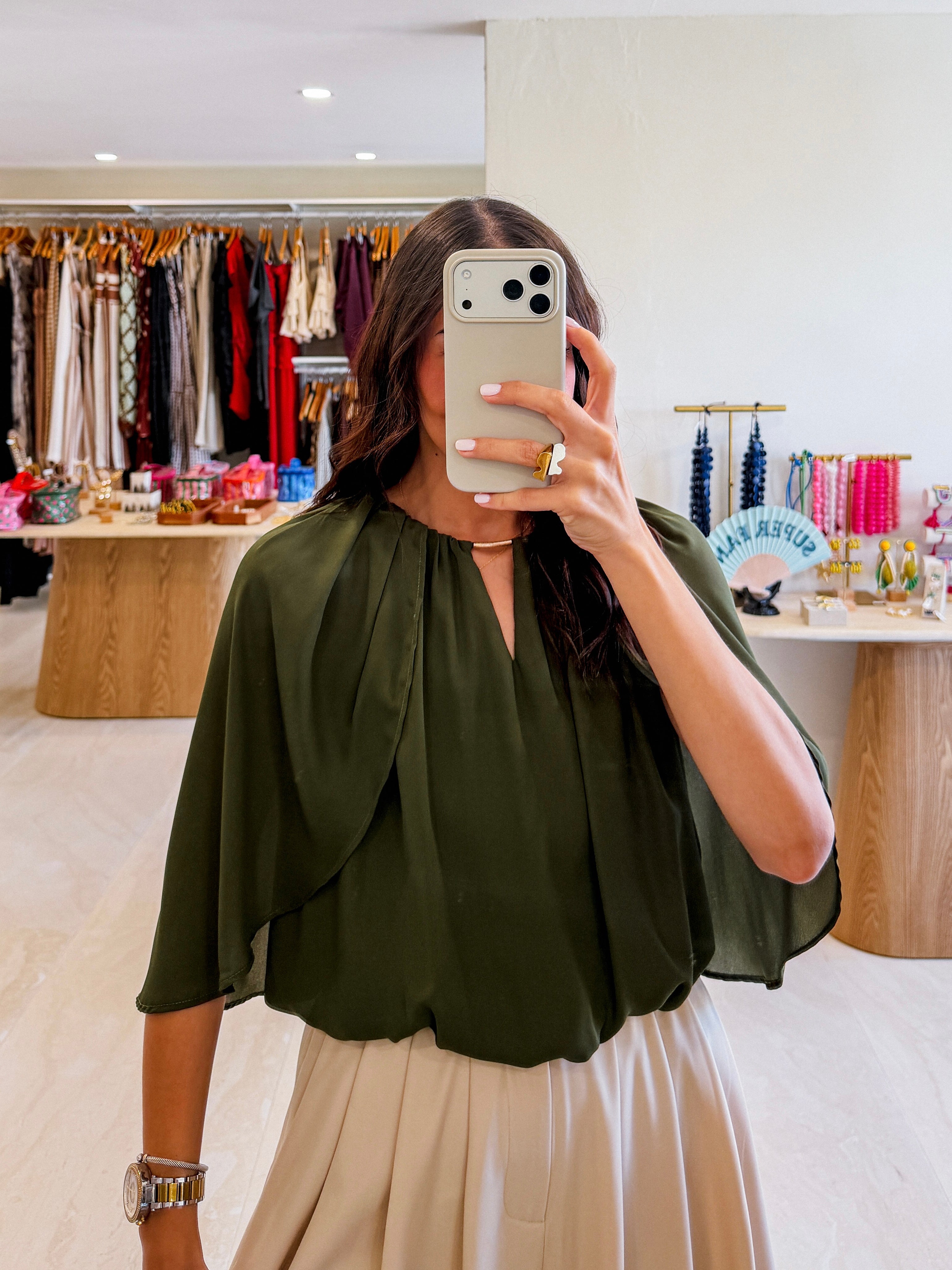 ELISA OLIVE GREEN CAPE BLOUSE