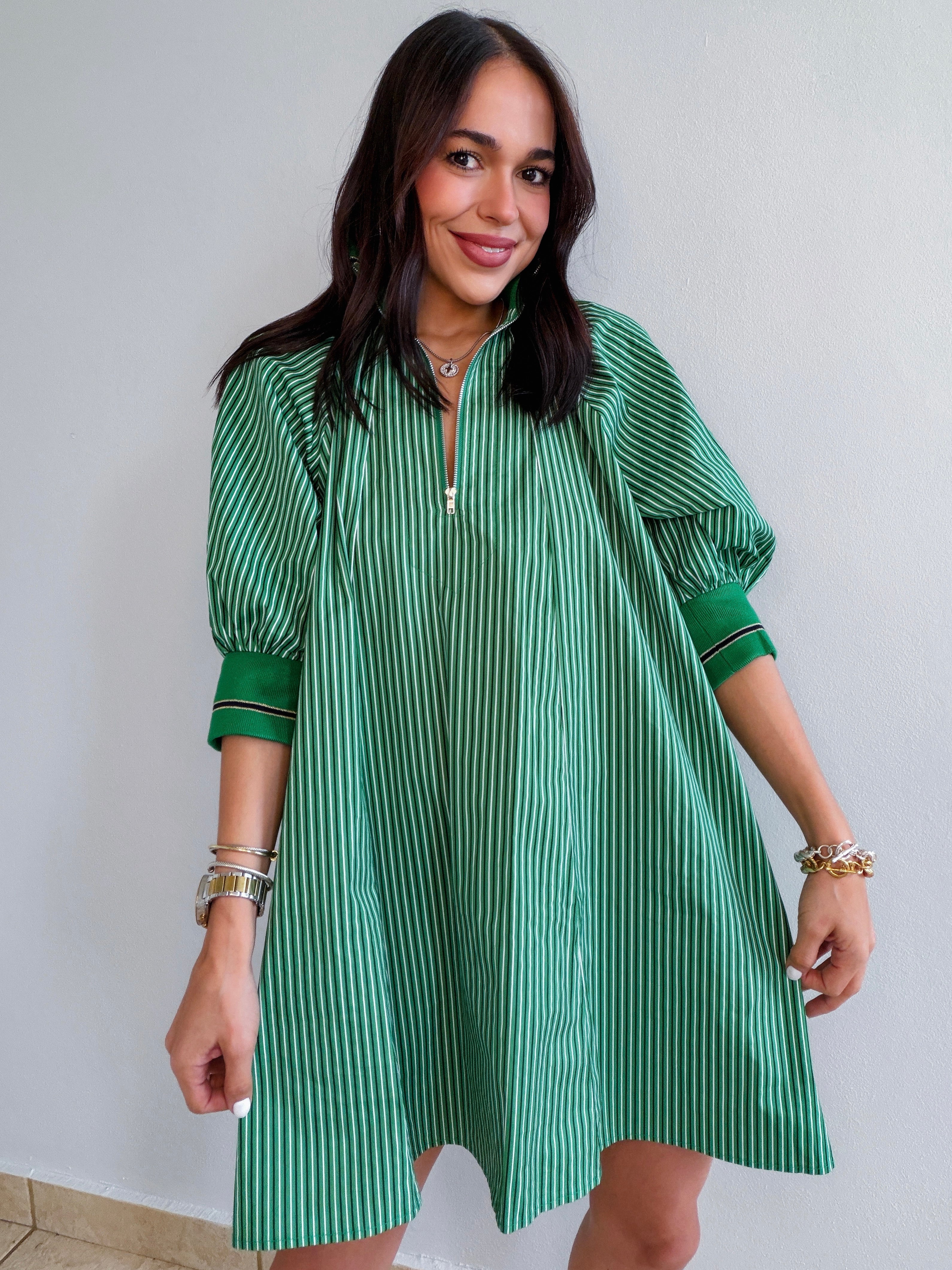 VANESSA MOCK NECK GREEN STRIPES DRESS