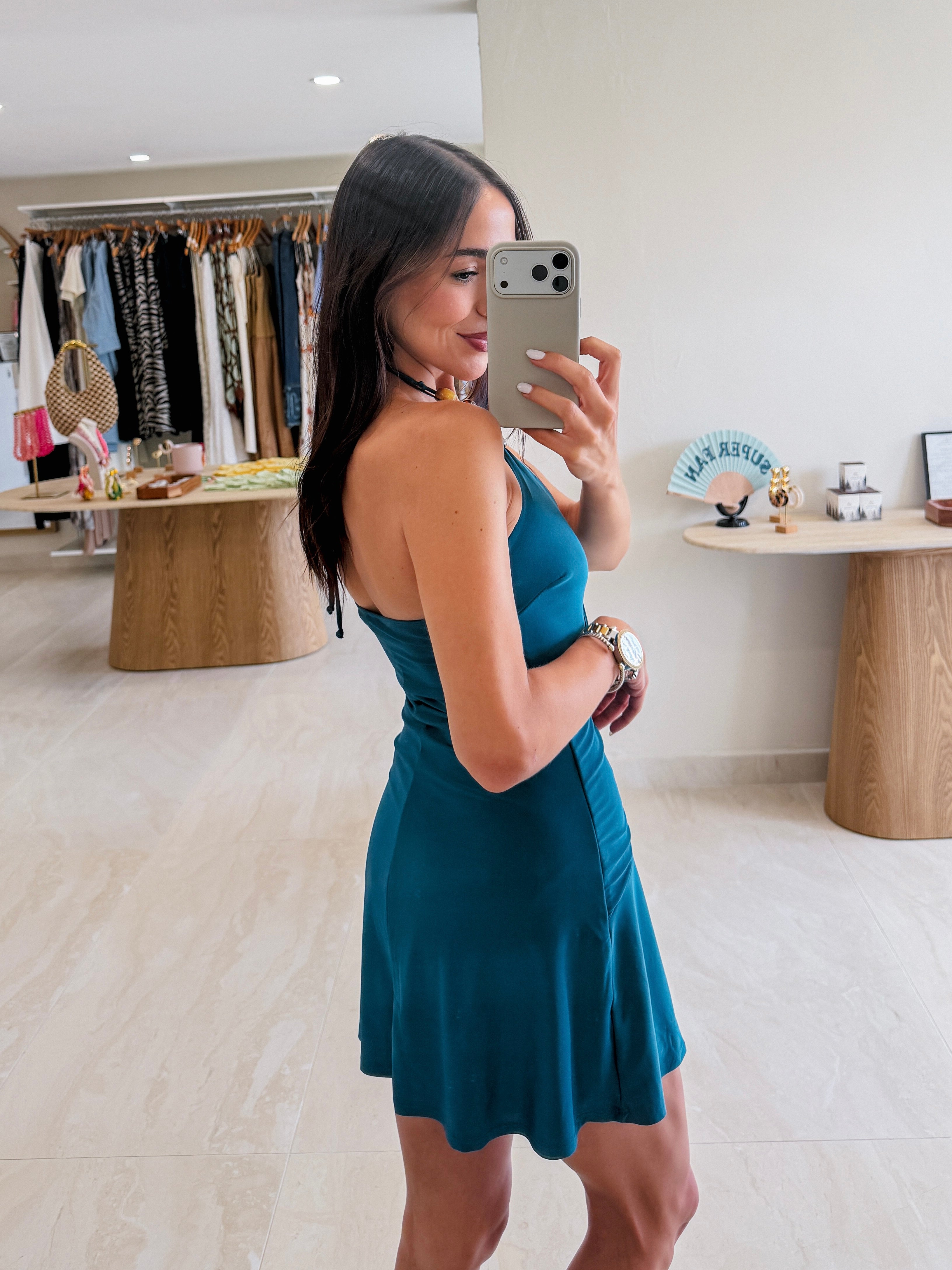 KATIANA TEAL SLINKY DRESS WITH BEAD DETAIL