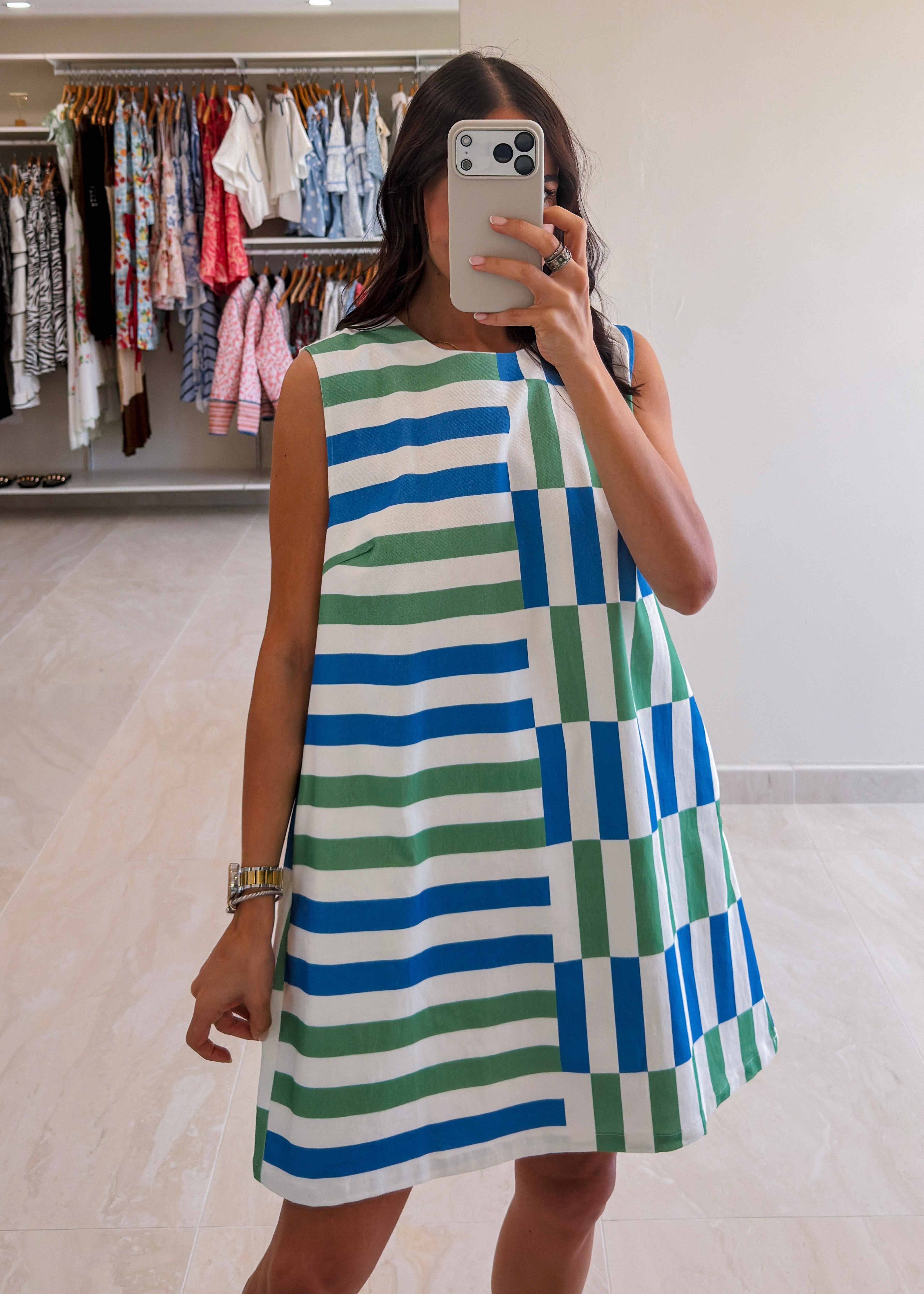VILMA BLUE/GREEN PRINTED SUMMER DRESS