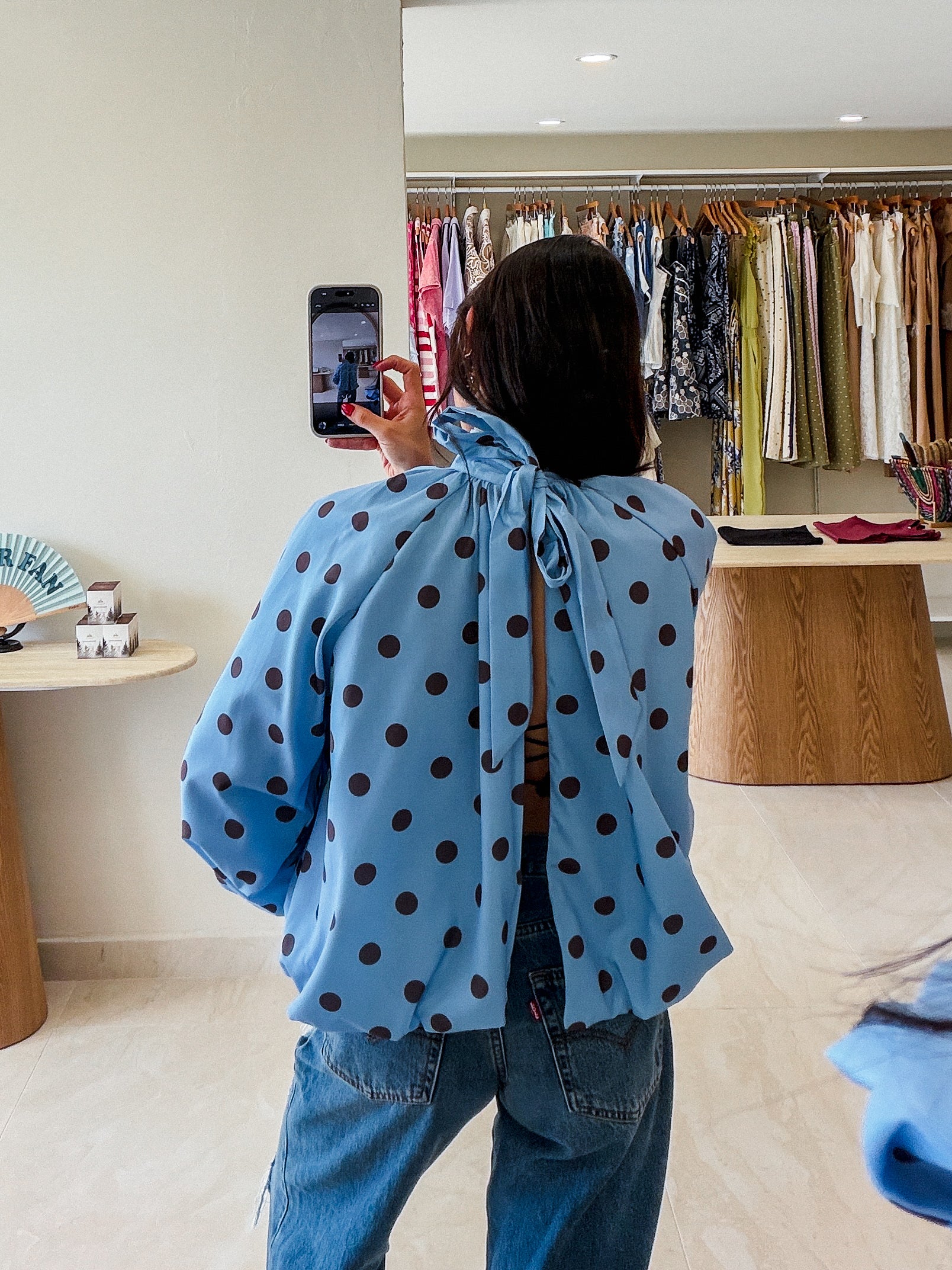 LUCY BLUE/BROWN OPEN BACK POLKA DOT BLOUSE