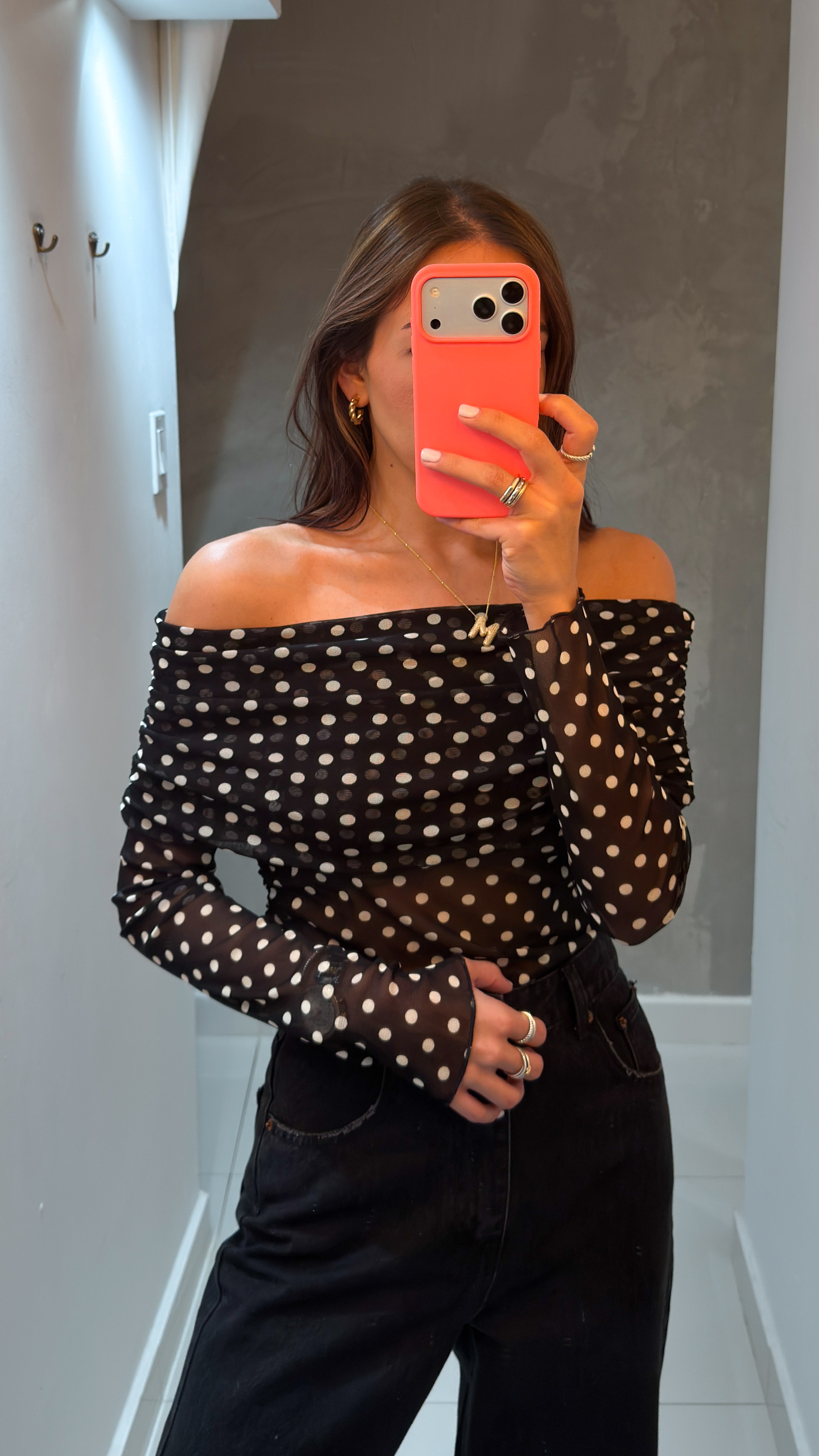 DANILLA POLKA DOT MESH LONG SLEEVE BLOUSE IN BLACK