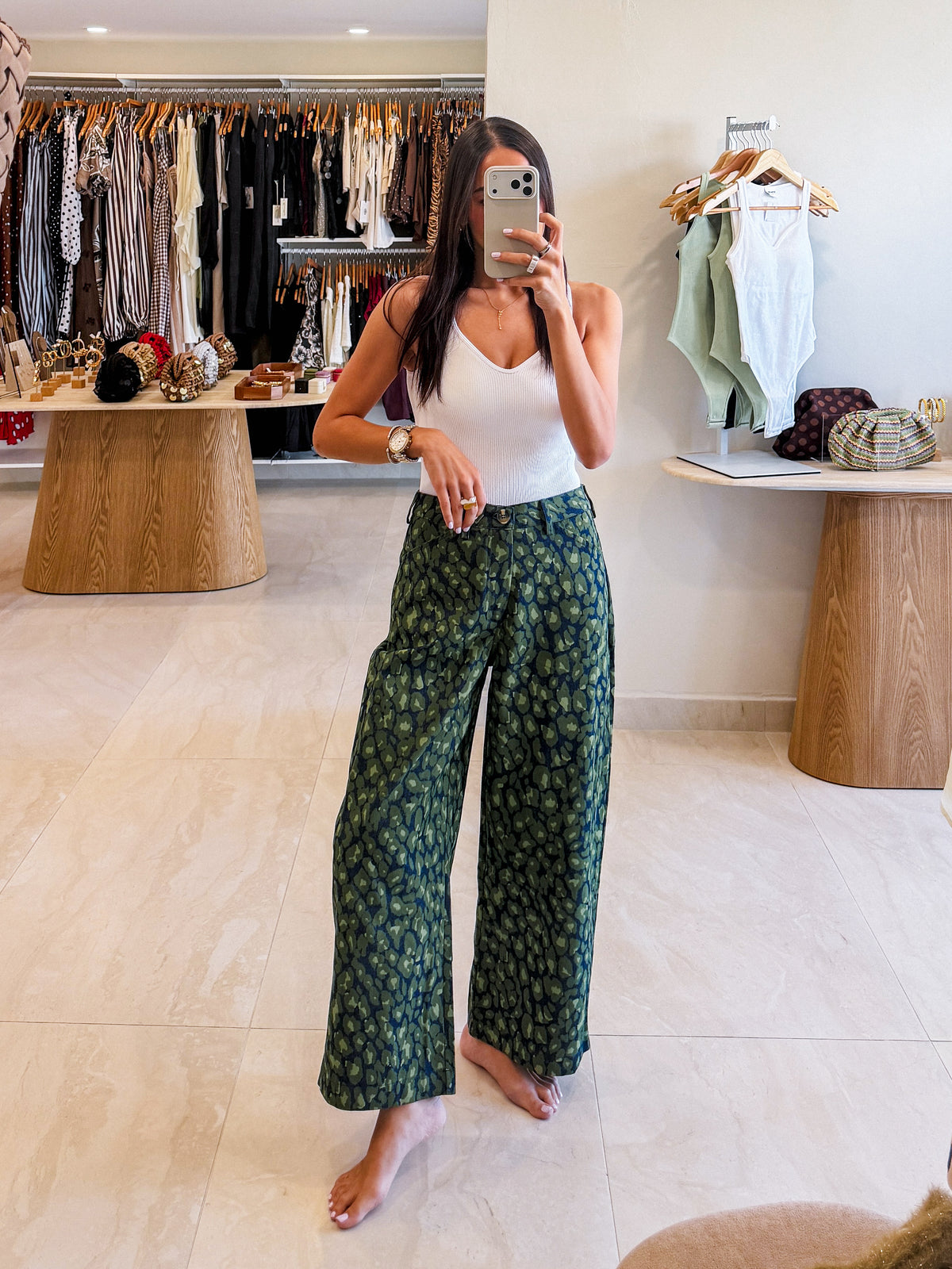 JENNY BARREL GREEN LEOPARD JEANS