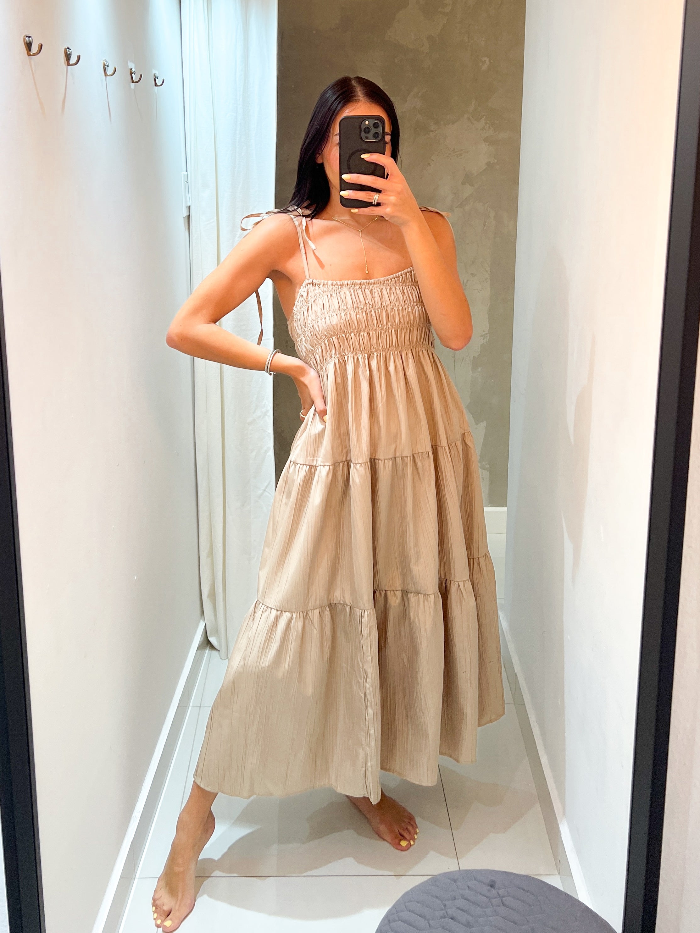 CARO CRINKLE SMOCKED KHAKI MIDI DRESS