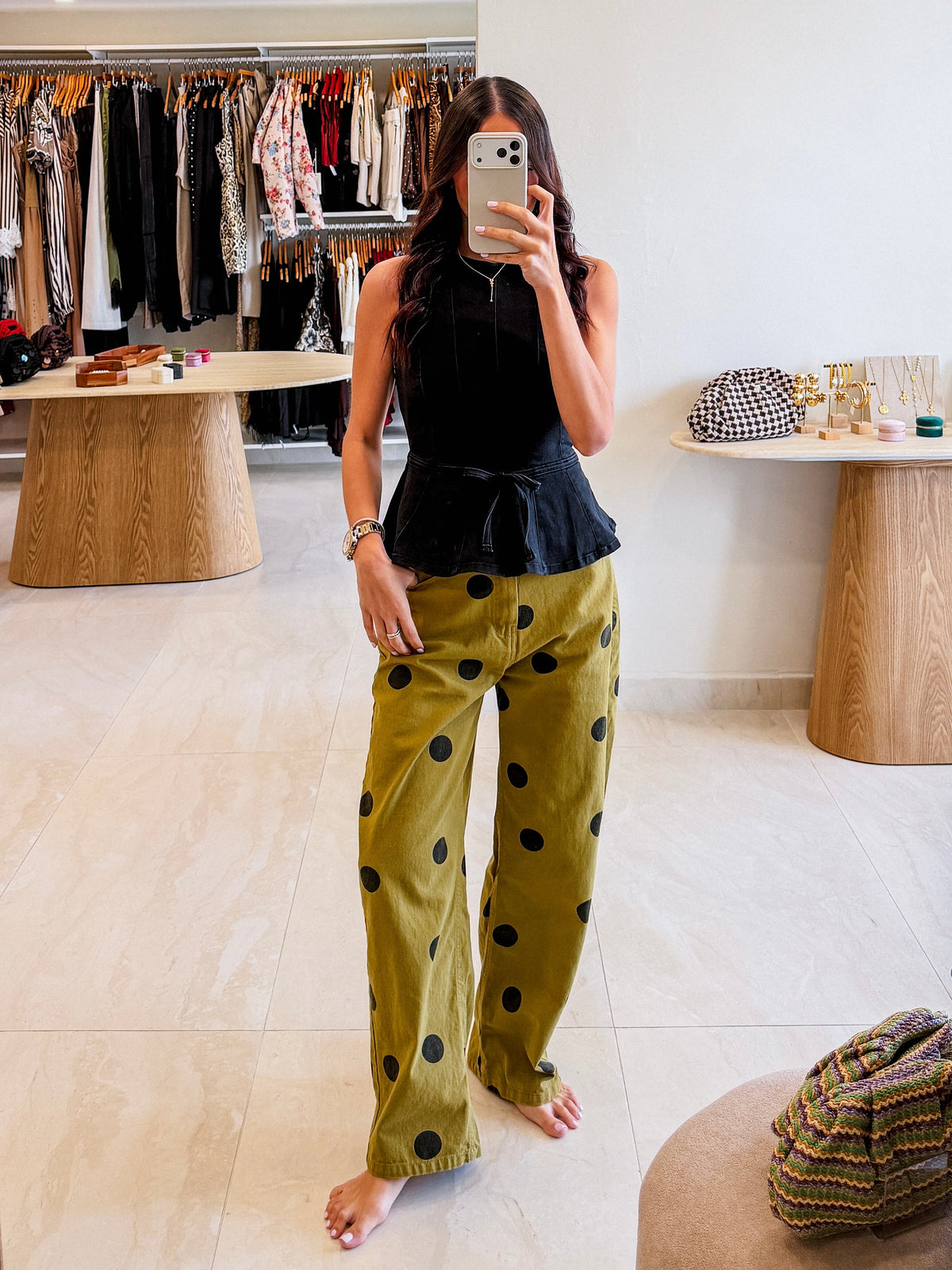 IRIS OLIVE POLKA DOT BARREL JEANS