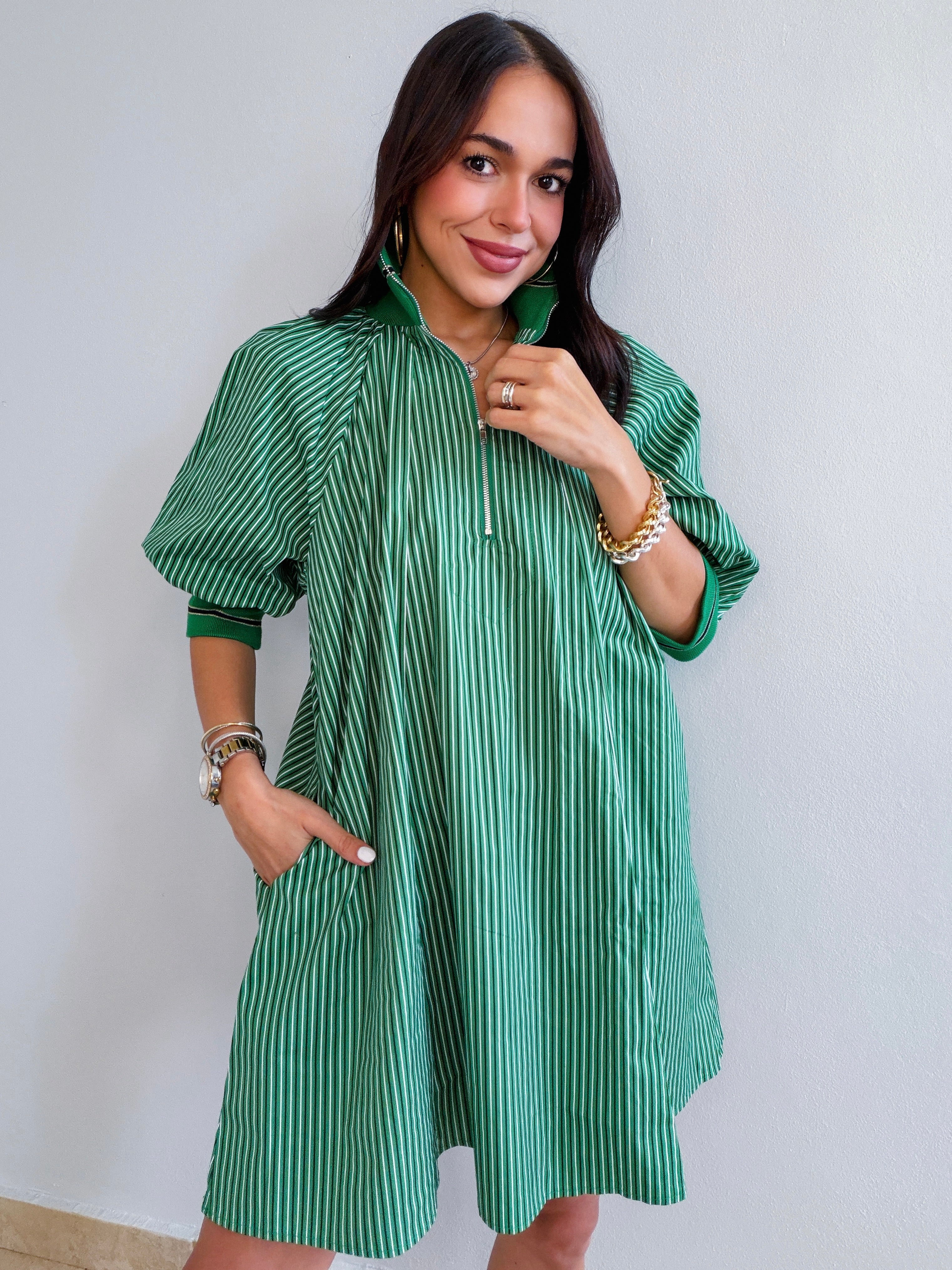 VANESSA MOCK NECK GREEN STRIPES DRESS