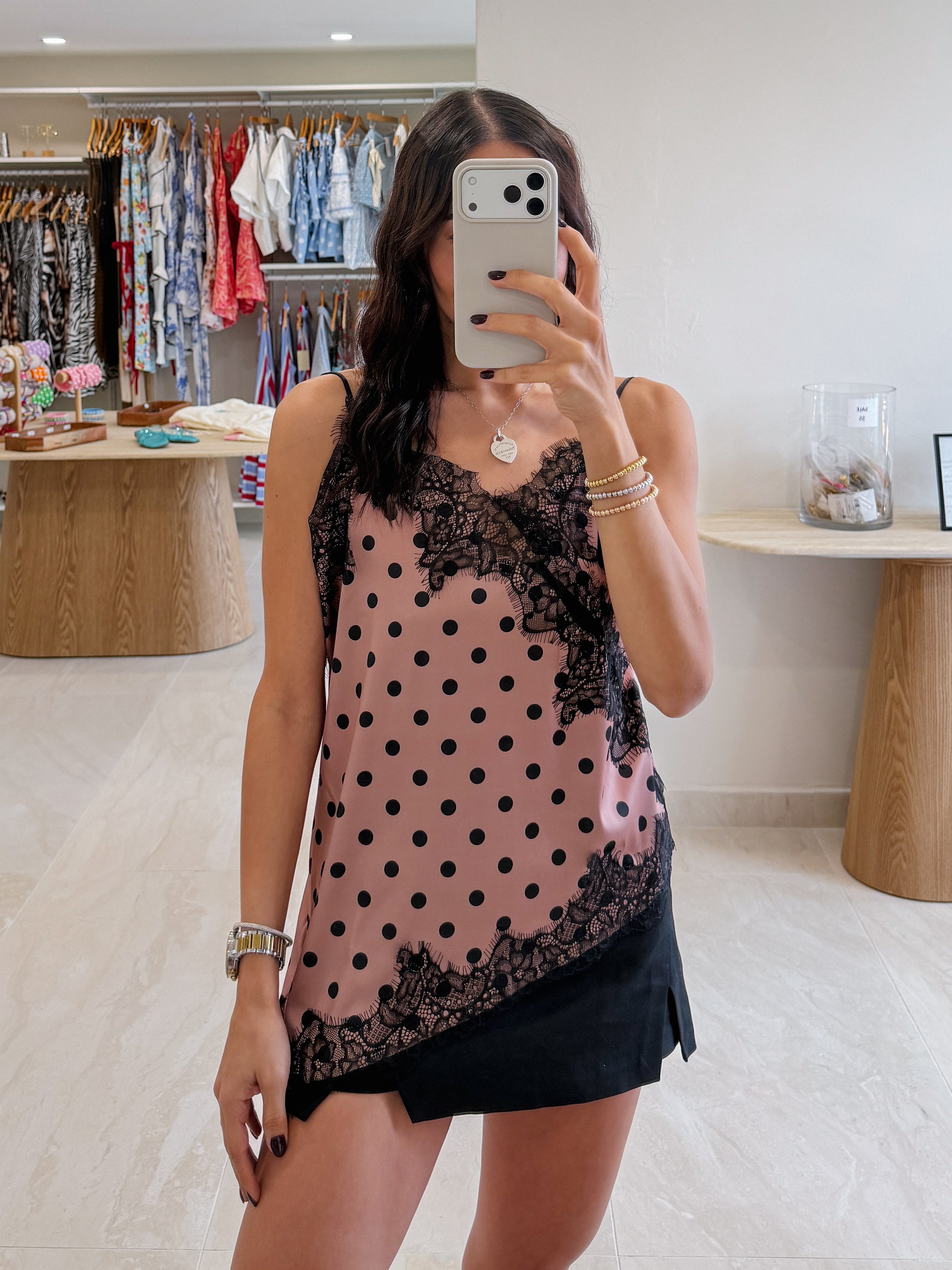 TATIANA LACE/SILK POLKA DOT CAMI IN BLUSH COPPER