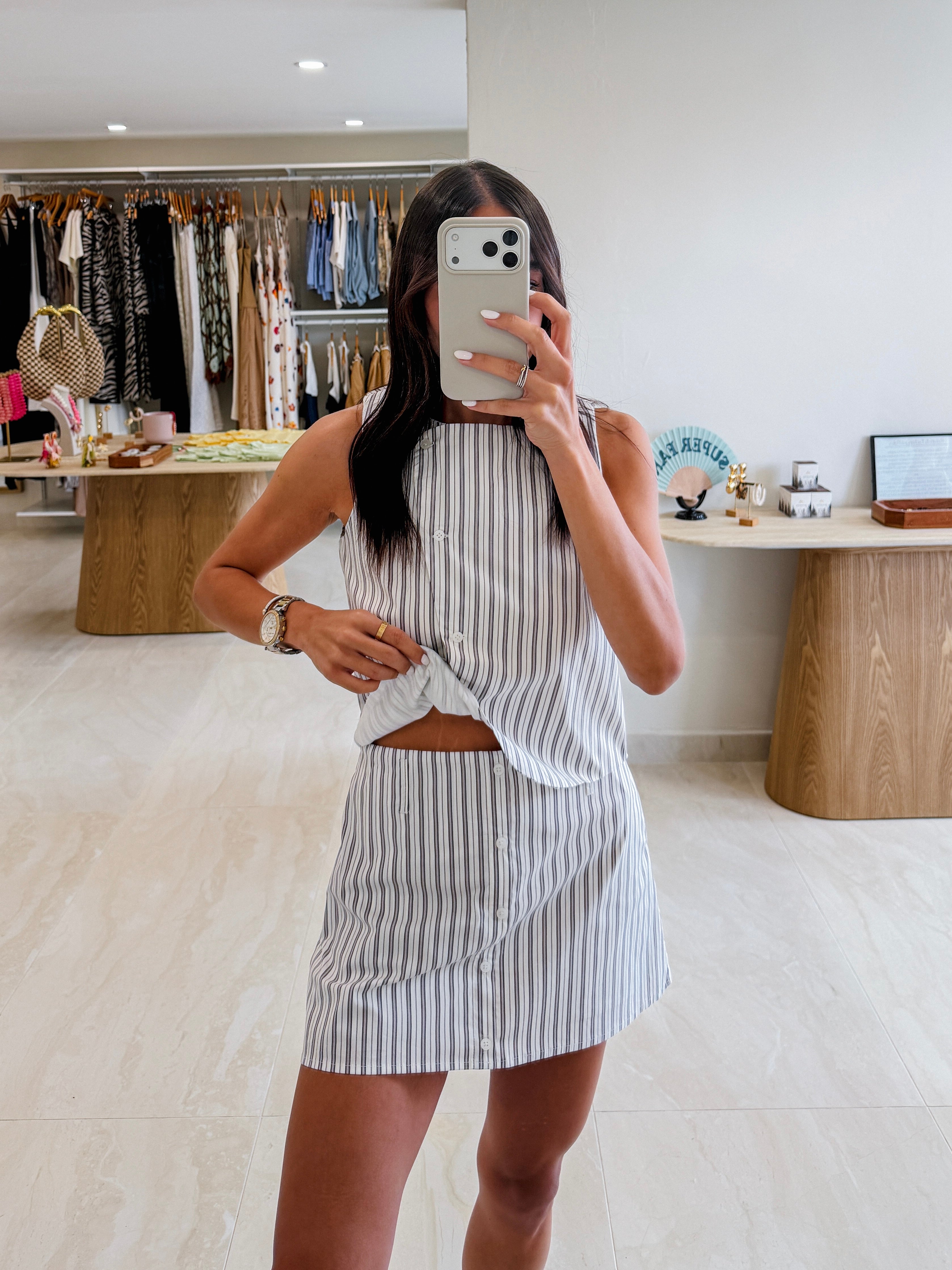 IRINA WHITE/ GREY PINSTRIPE SKORT SET