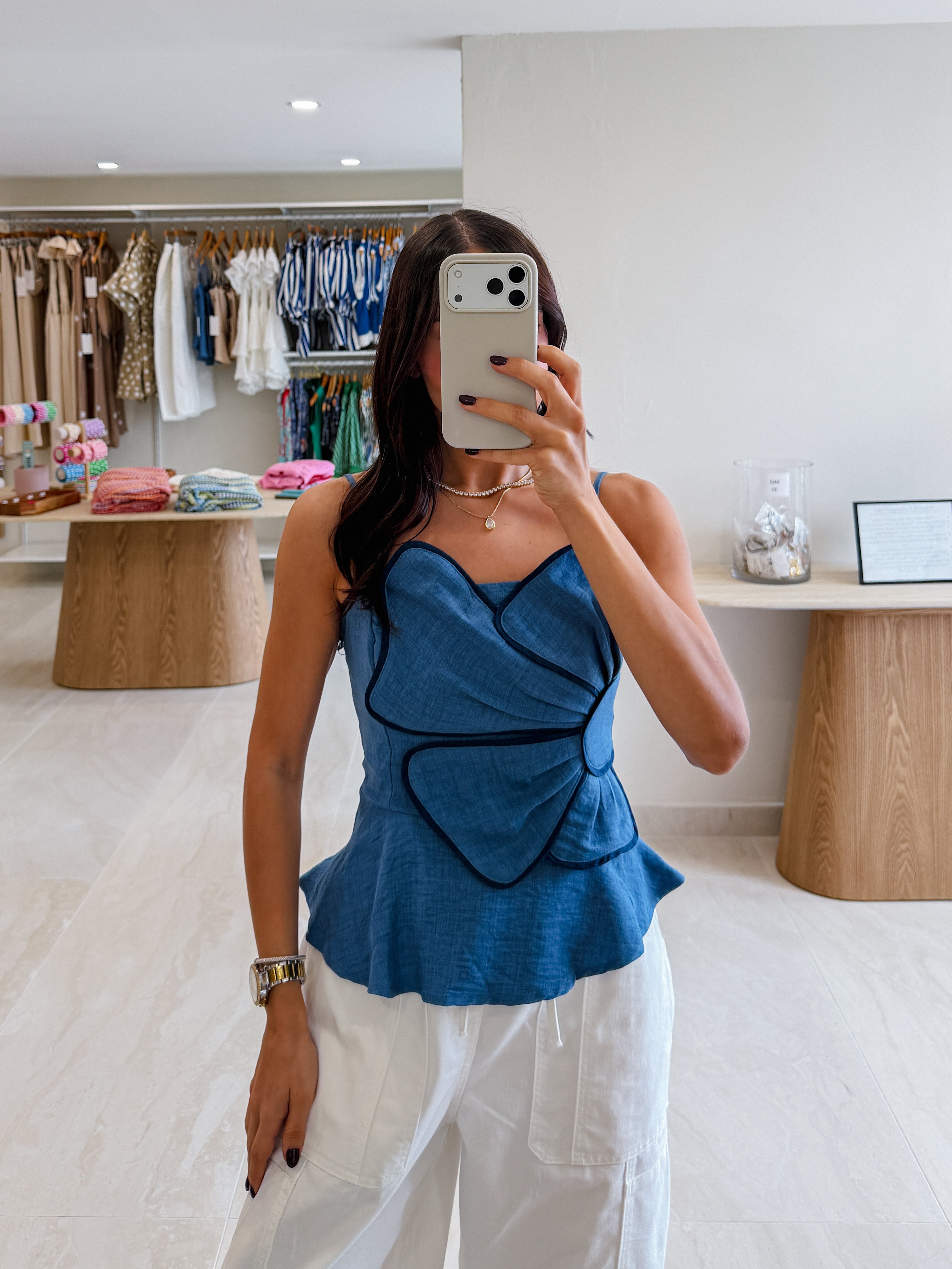 AMY SLEEVELESS PEPLUM FLOWER TOP IN DENIM