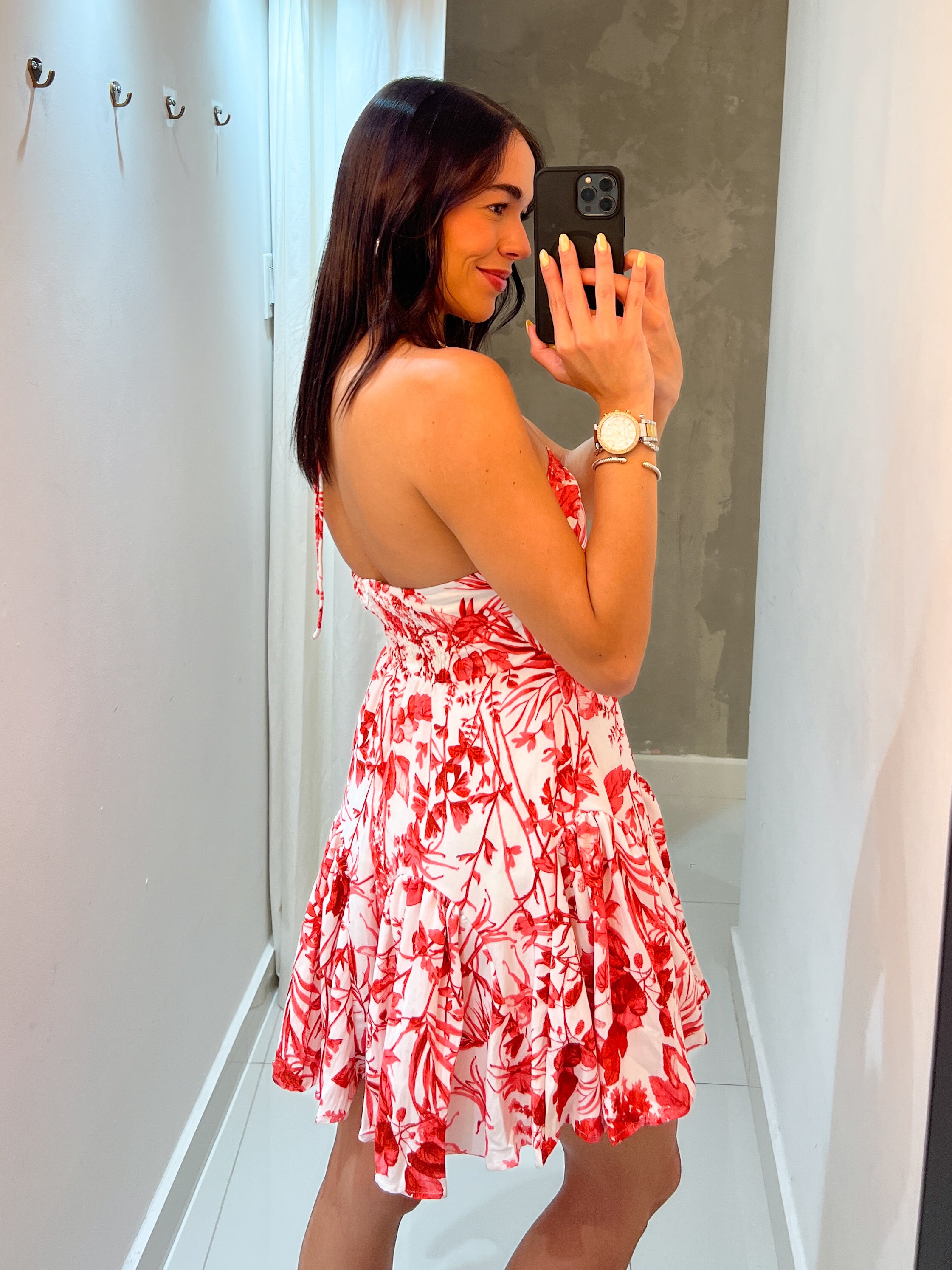 IRIS FLOWER PRINT HALTER DRESS