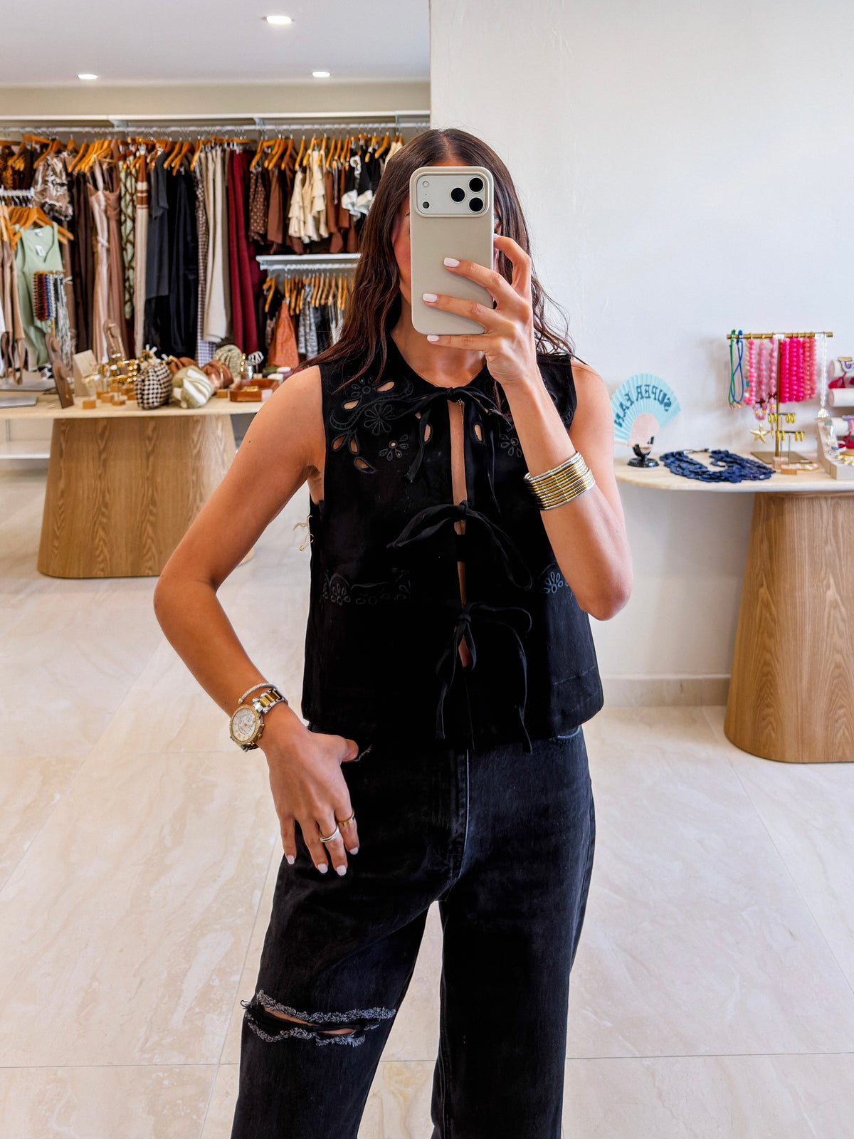 SHIRAZ BLACK DENIM EMBROIDERED VEST