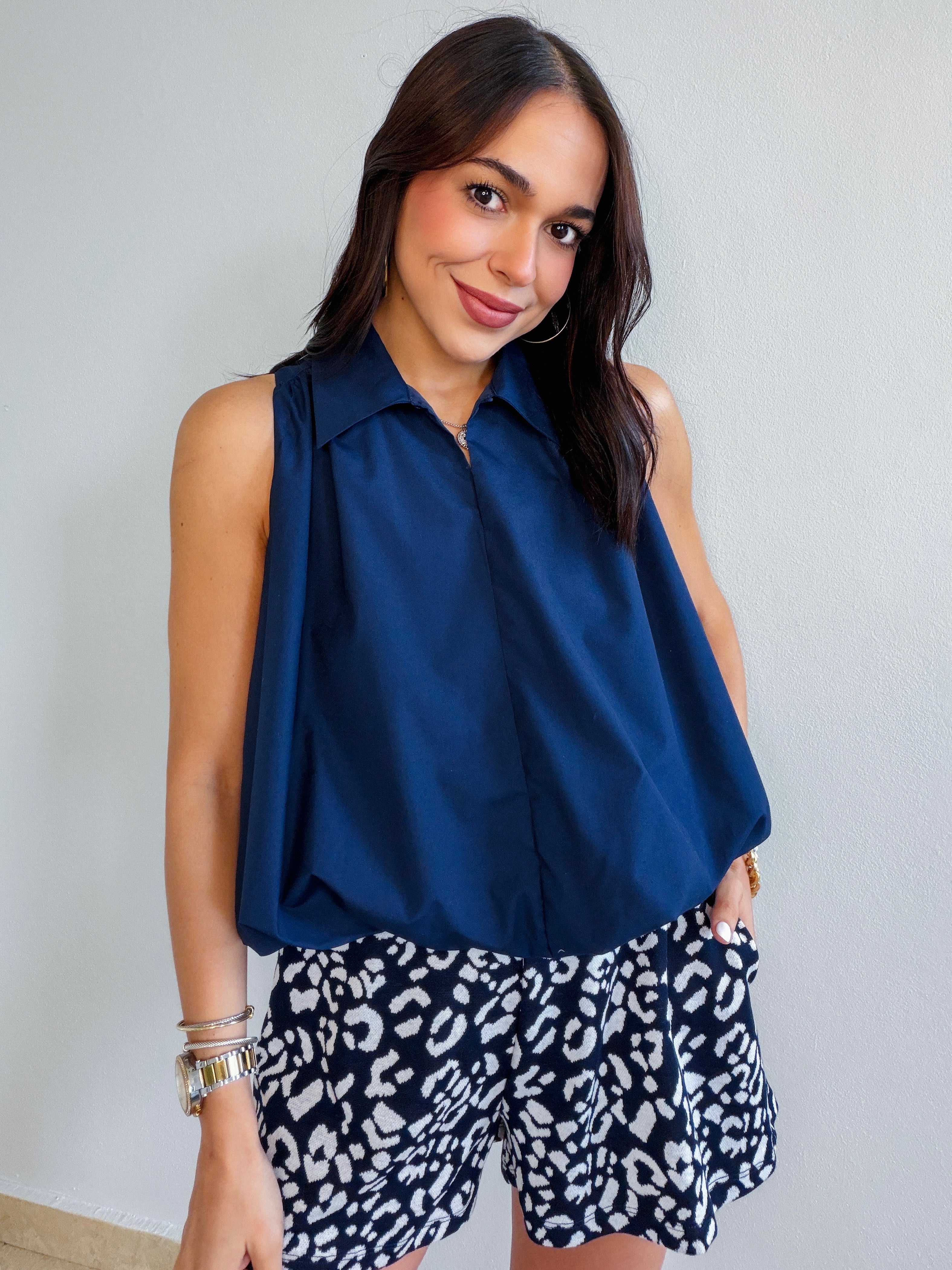 ALANI BUBBLE HEM NAVY BLUE BLOUSE