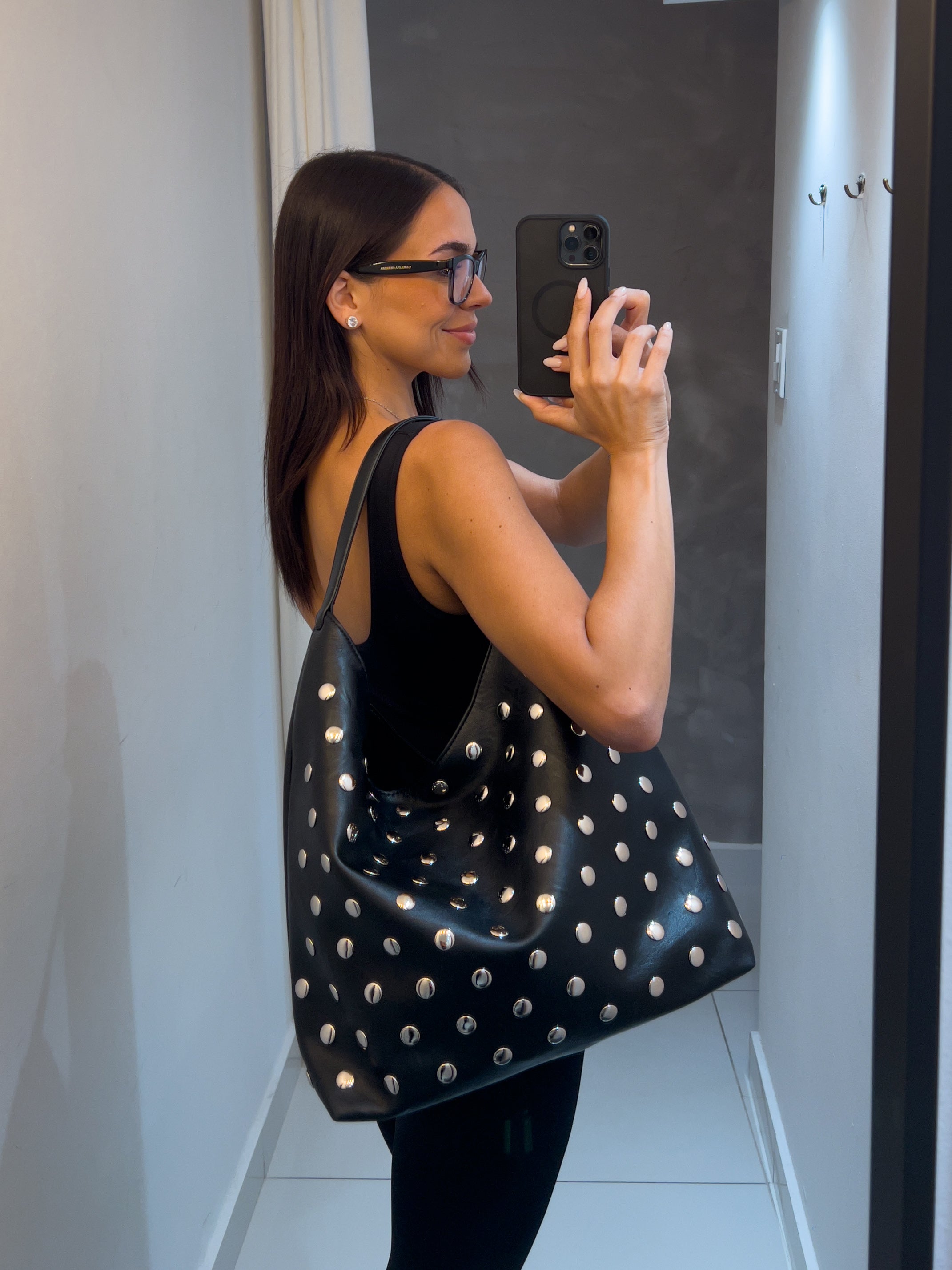 CHARLOTTE BLACK STUDDED HOBO BAG