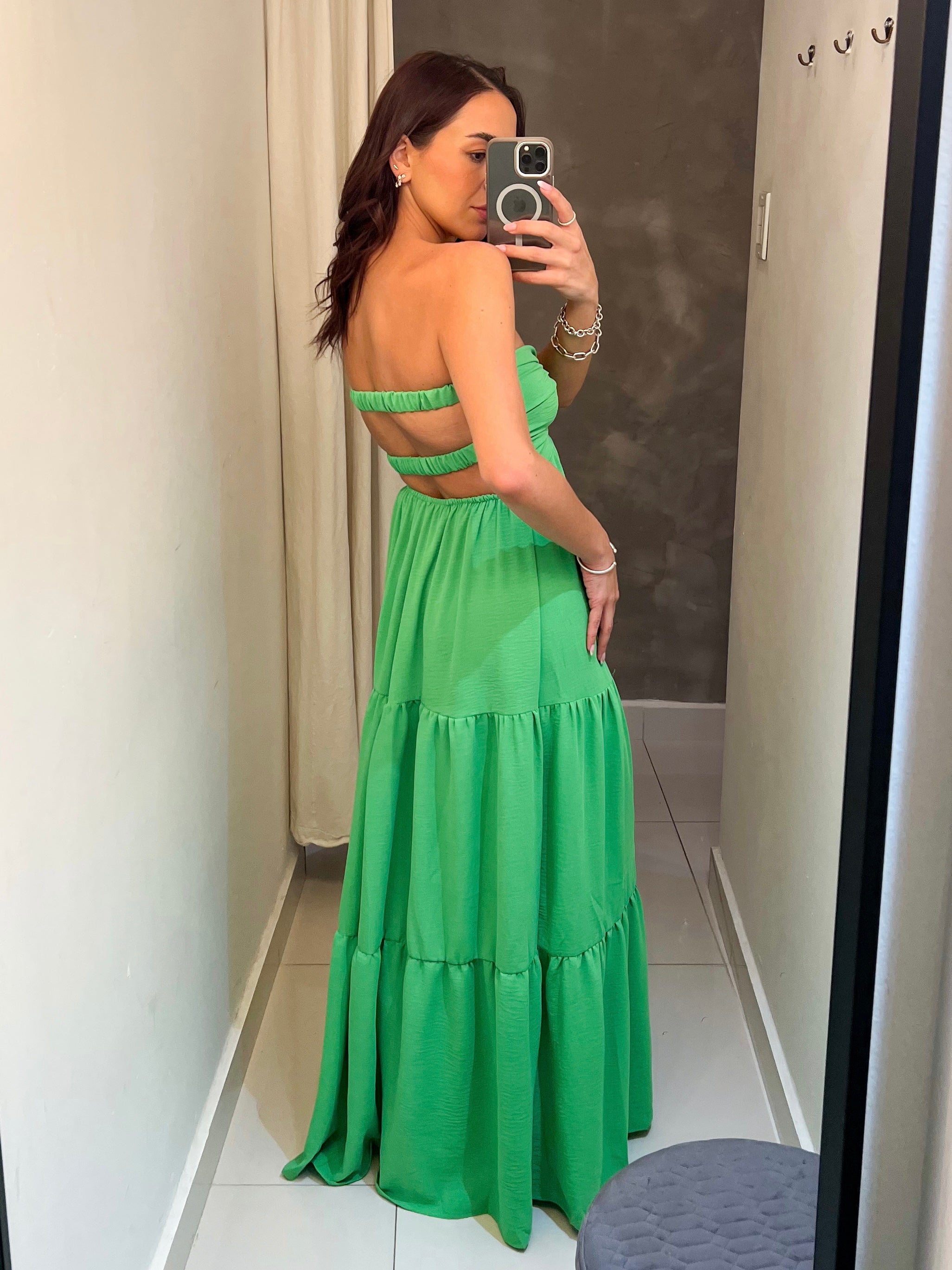 CASSANDRA KELLY GREEN STRAPLESS MAXI DRESS