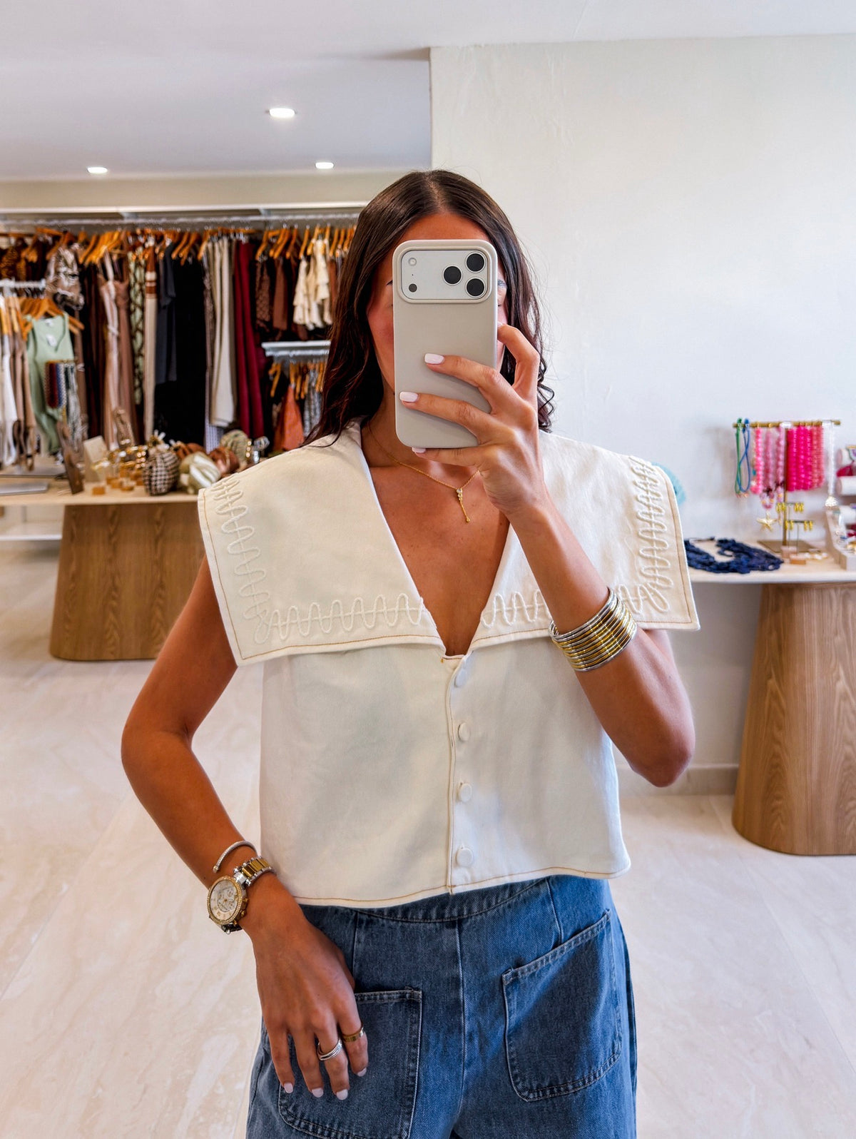 CLAUDE SAILOR COLLAR EMBROIDERED DENIM TOP