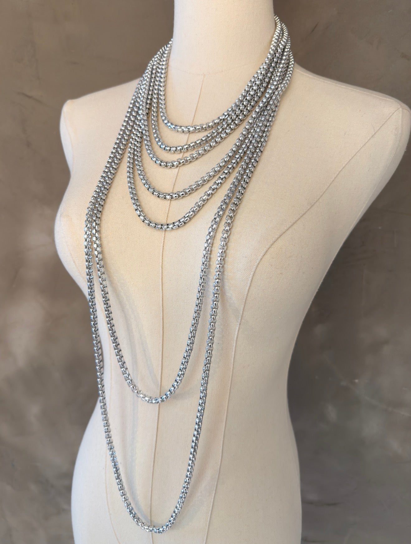 AMARA MULTI-LAYER LONG SILVER NECKLACE