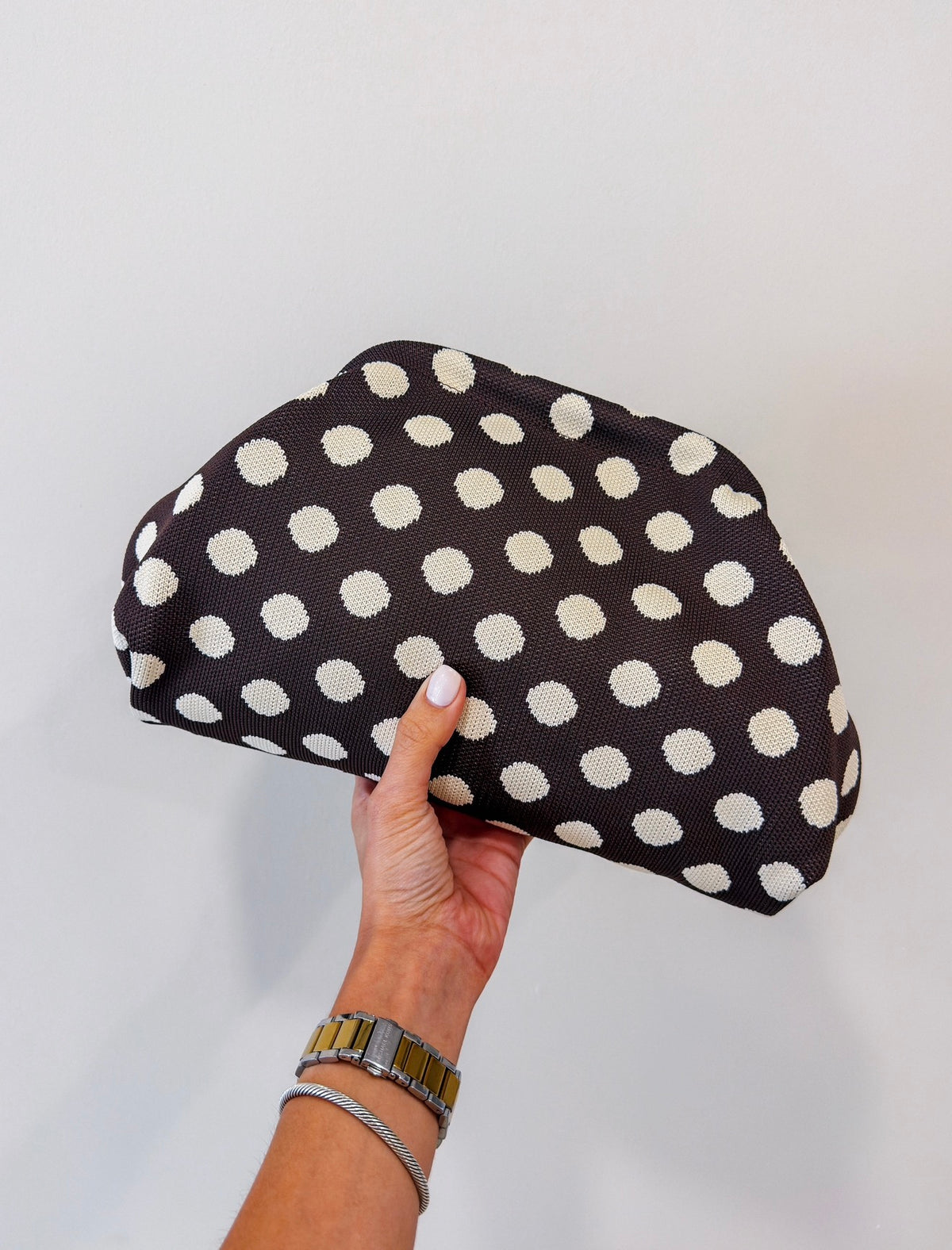 BROWN/IVORY POLKA DOT DUMPLING BAG