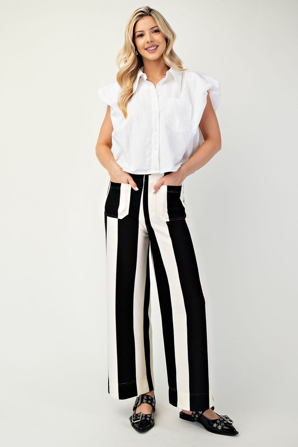 ANINA BLACK STRIPED CROPPED WIDE-LEG PANTS