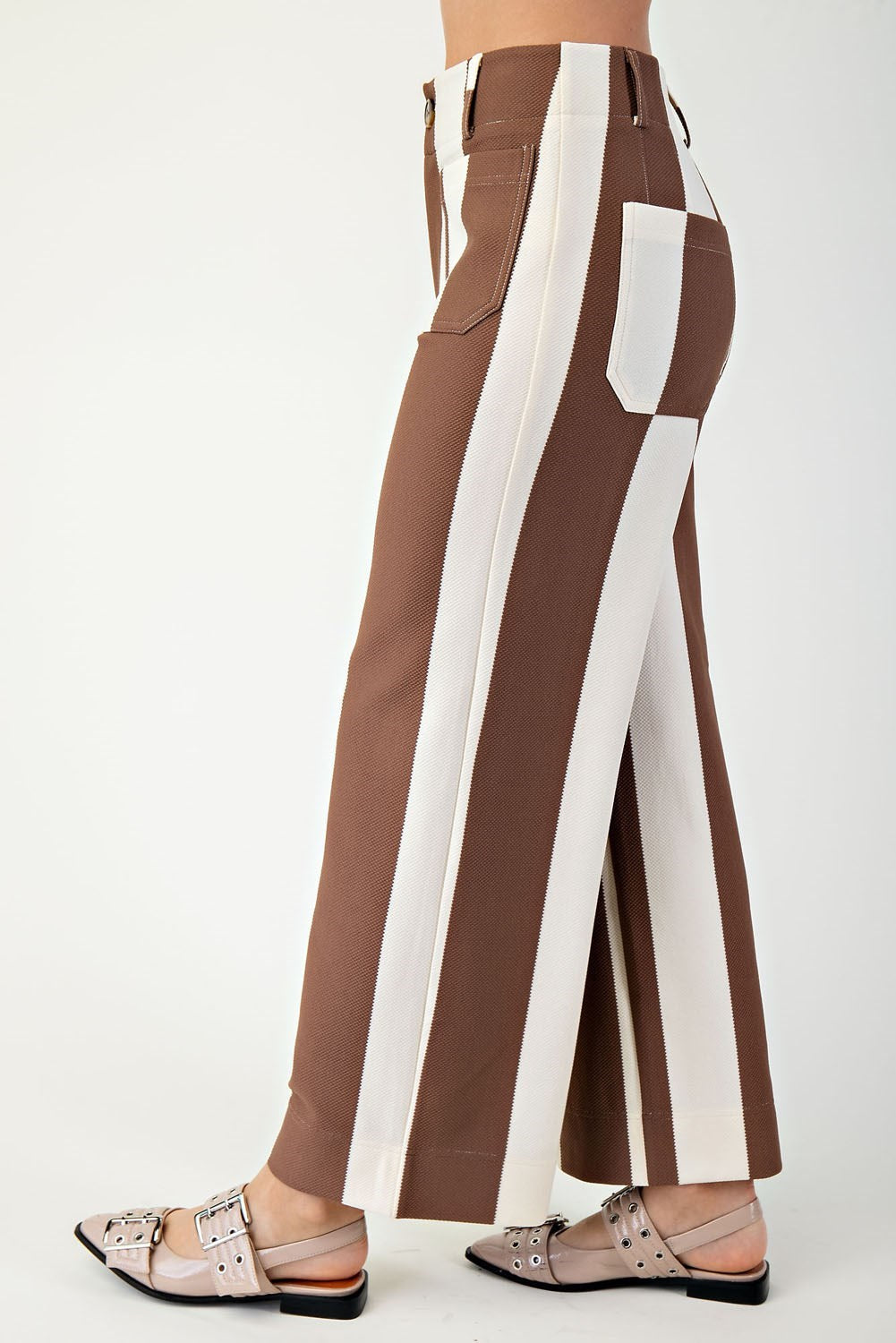 ANINA BROWN STRIPED CROPPED WIDE-LEG PANTS