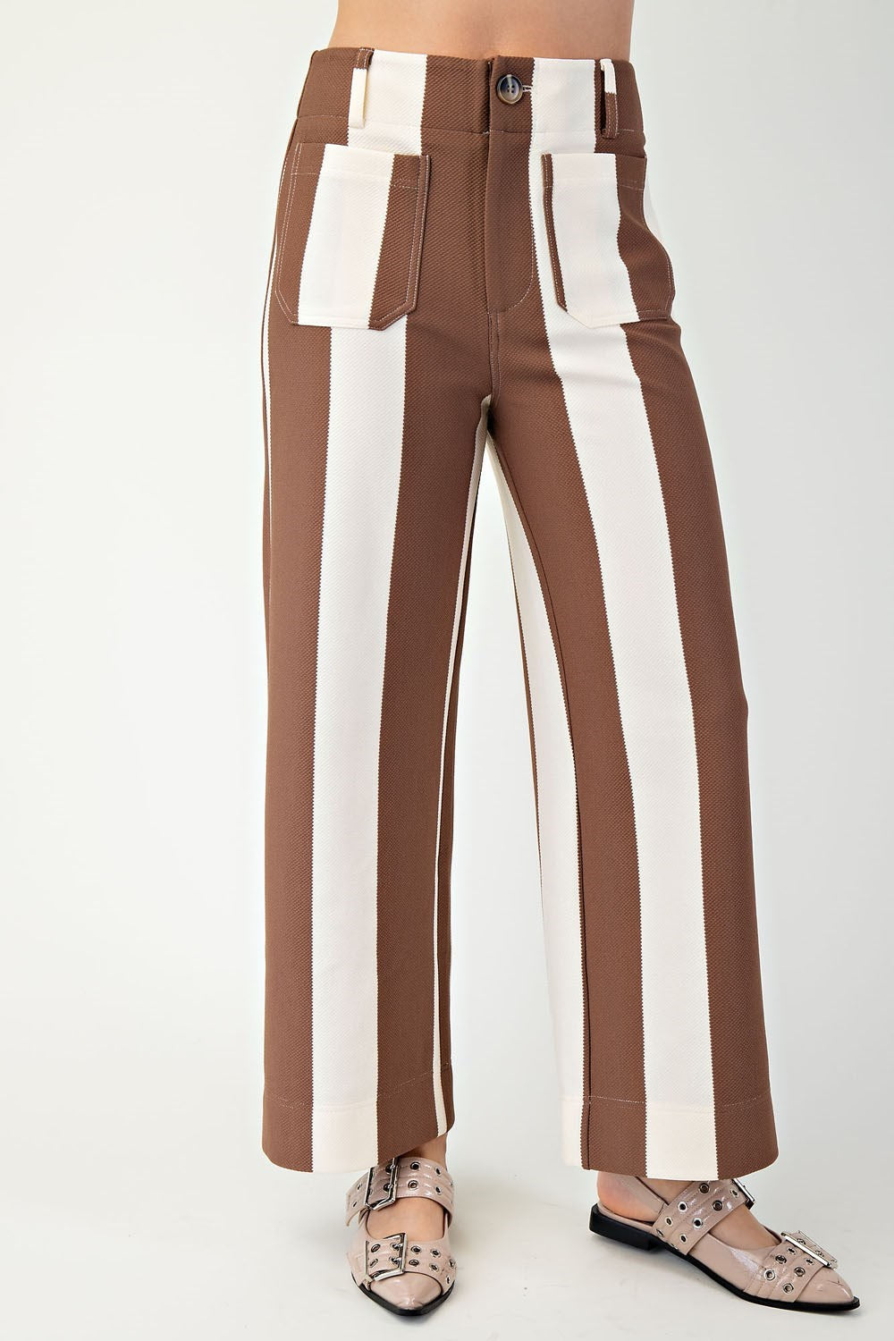 ANINA BROWN STRIPED CROPPED WIDE-LEG PANTS