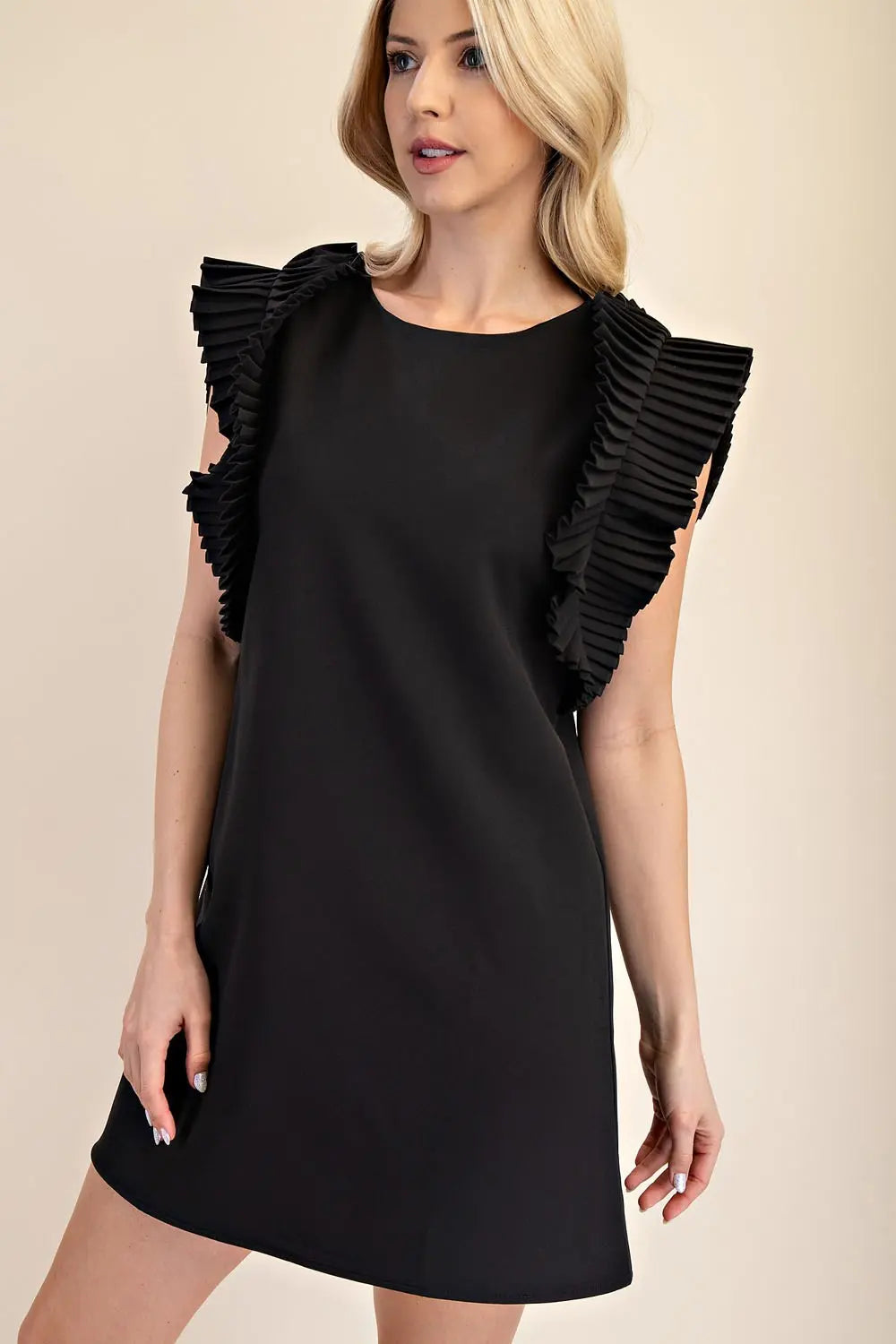 CINDY PLEATED SLEEVE BLACK DRESS