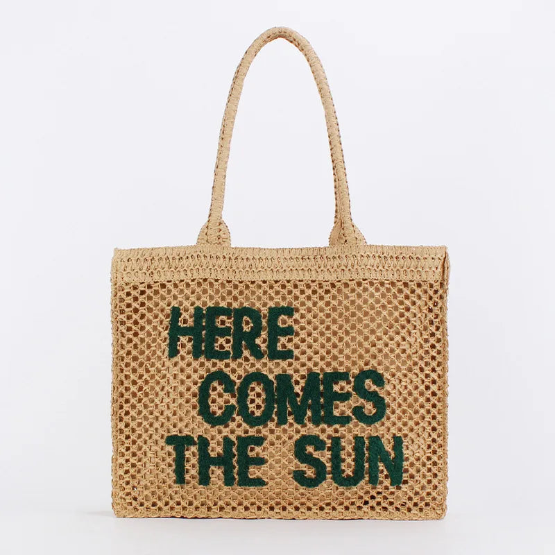 HERE COMES THE SUN STRAW TOTE BAG IN KHAKI