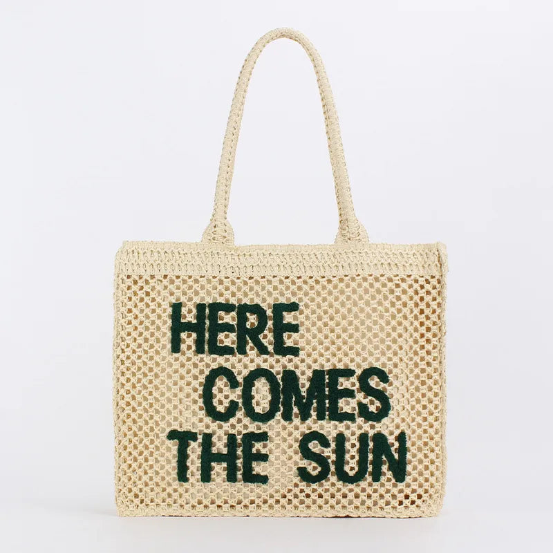 HERE COMES THE SUN STRAW TOTE BAG IN IVORY