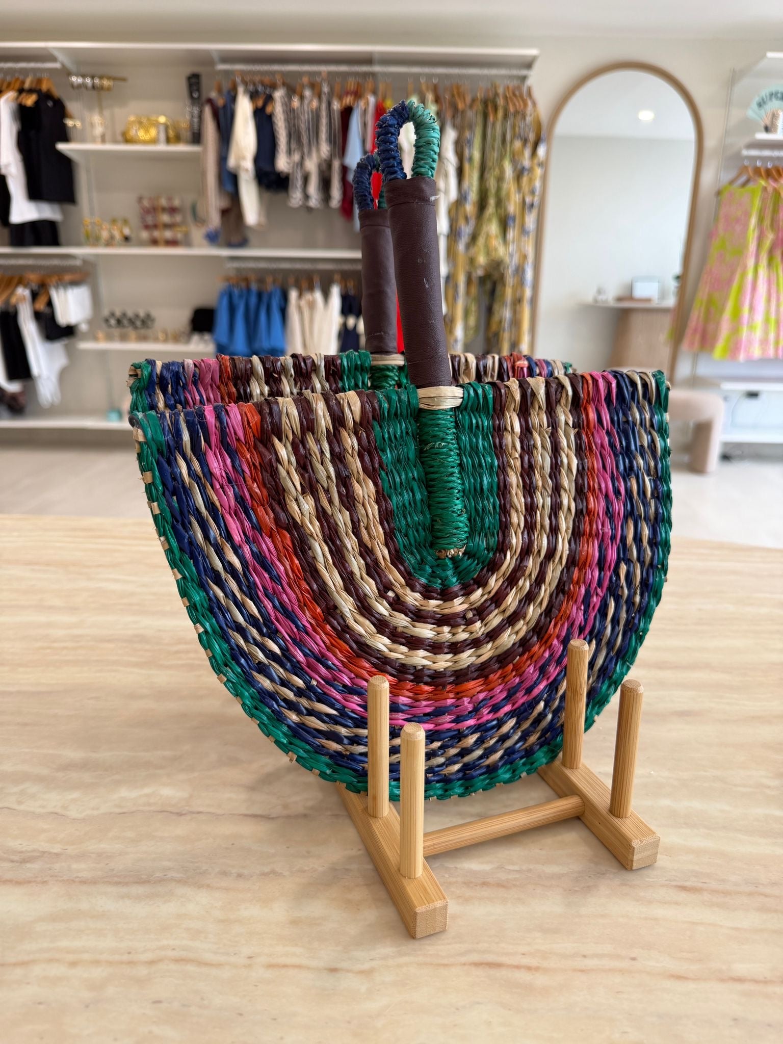 HANDWOVEN STATEMENT FAN - LEATHER HANDLE