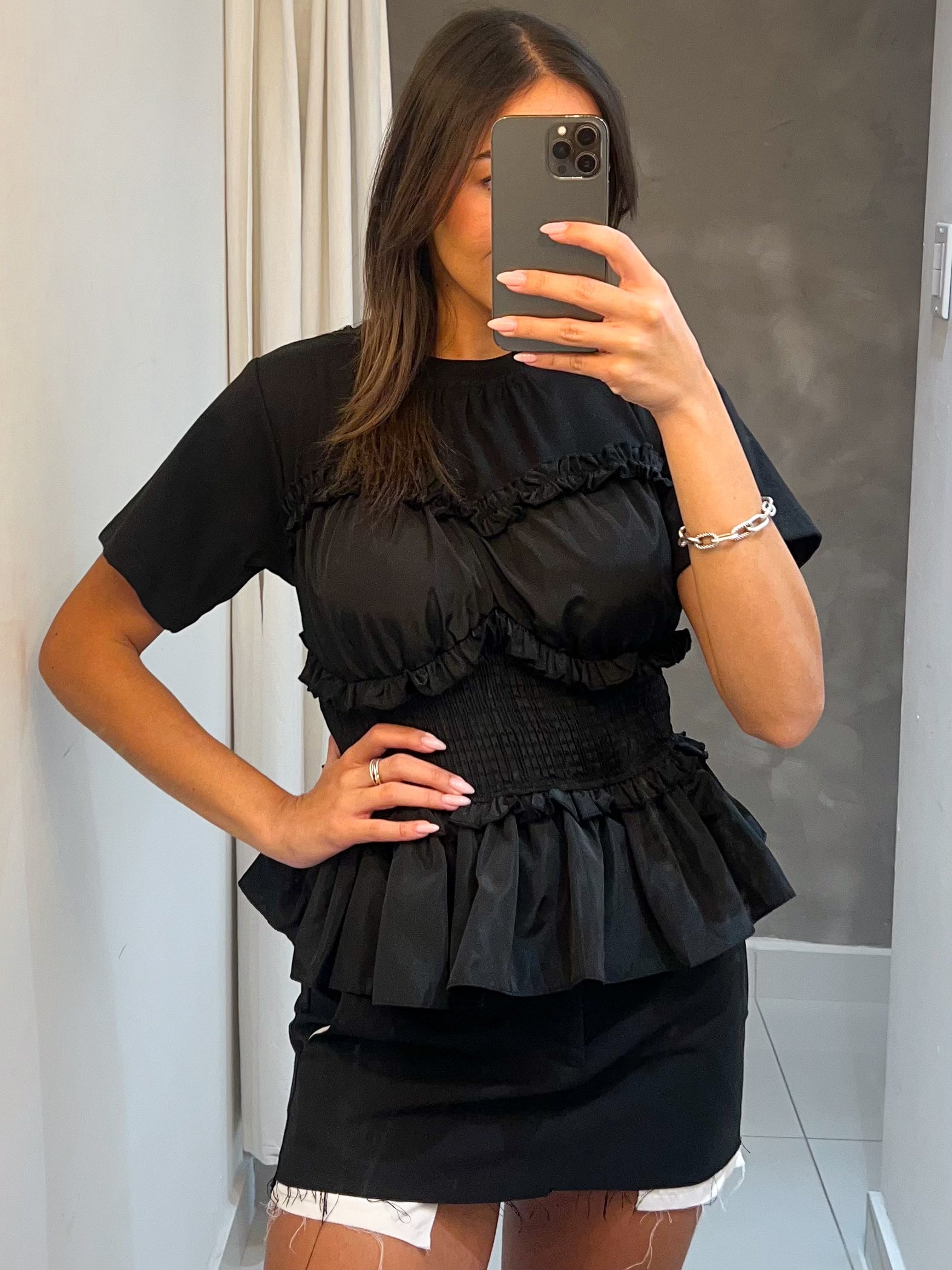 AMALIA RUFFLED BUSTIER TOP IN BLACK