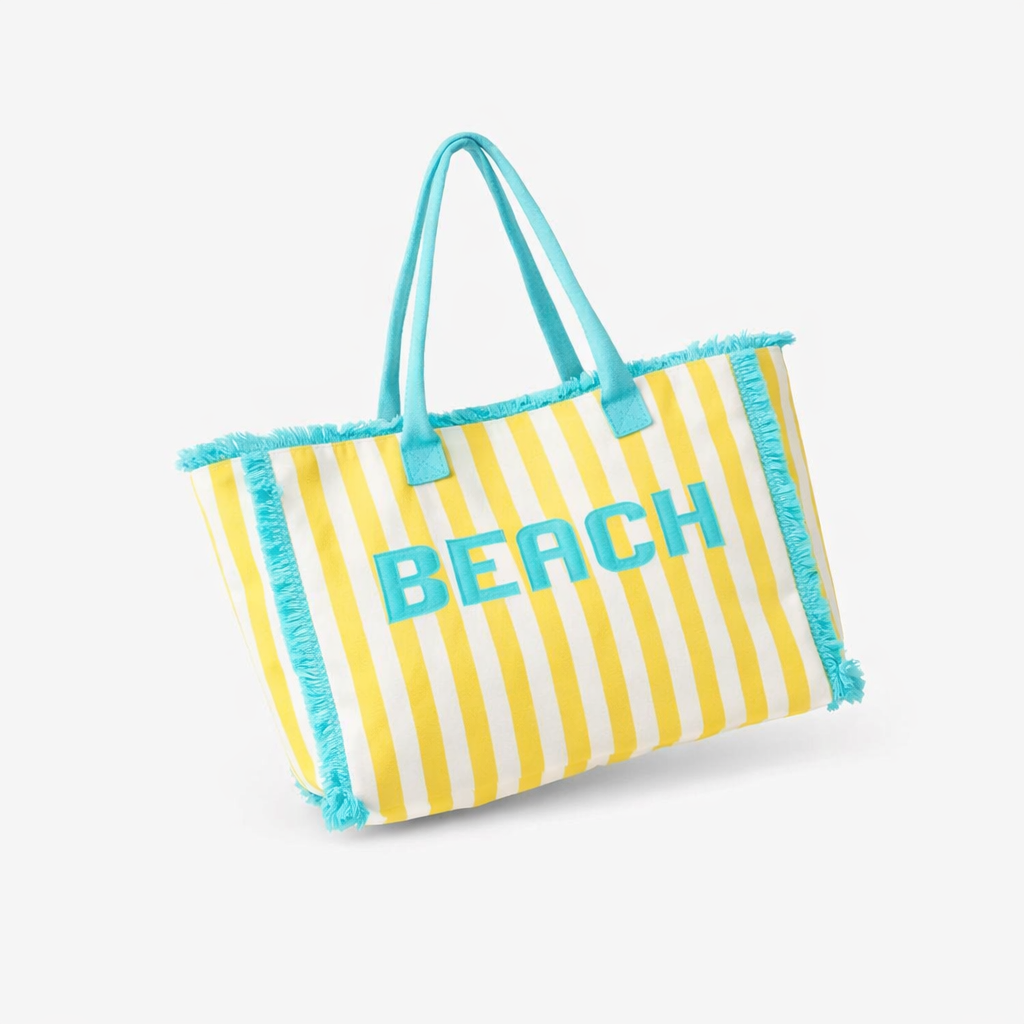 BEACH BABE TERRY CLOTH STRIPED TOTE BAG IN YELLOW