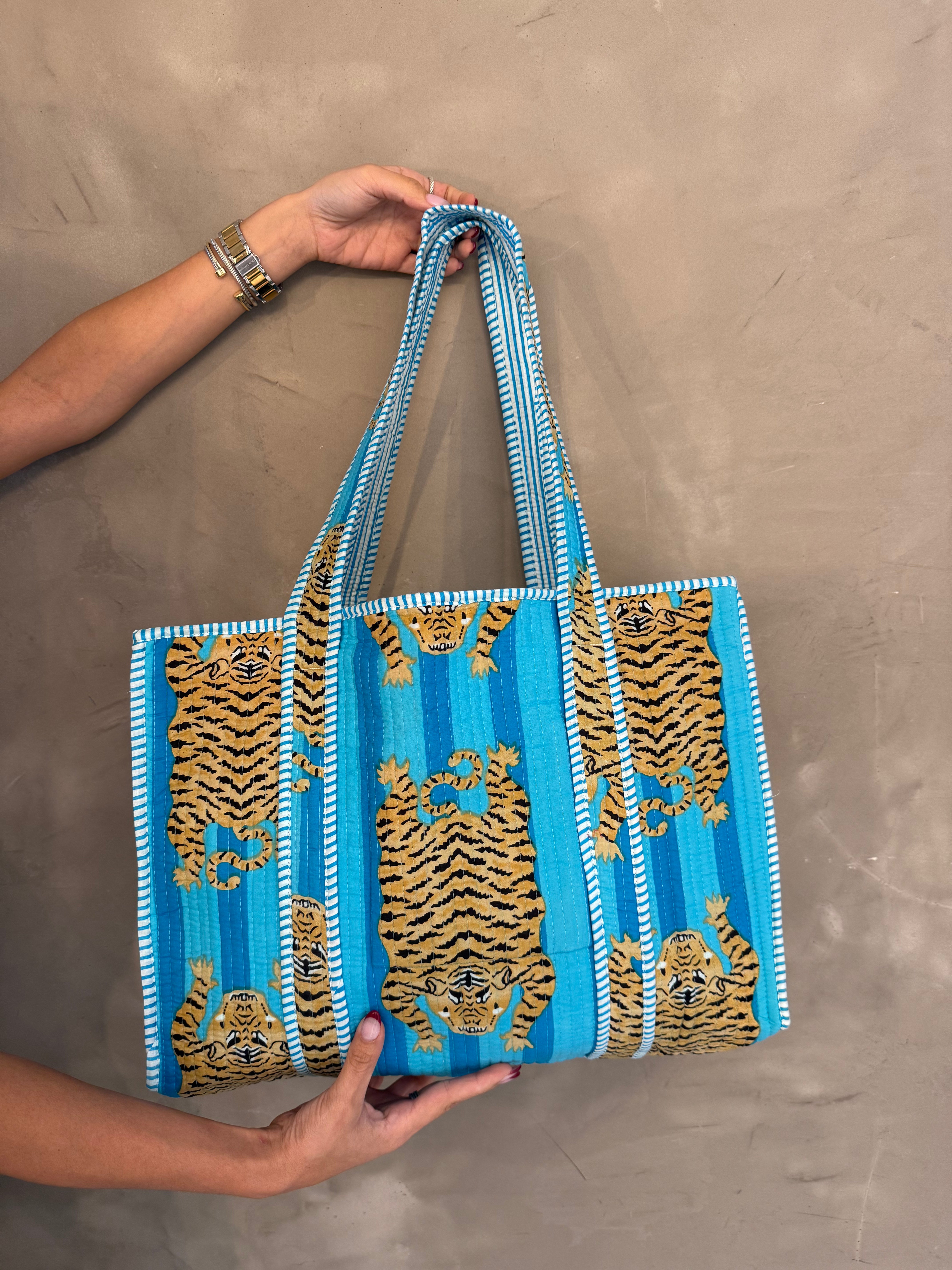 BLUE TIGER QUILTED TOTE BAG