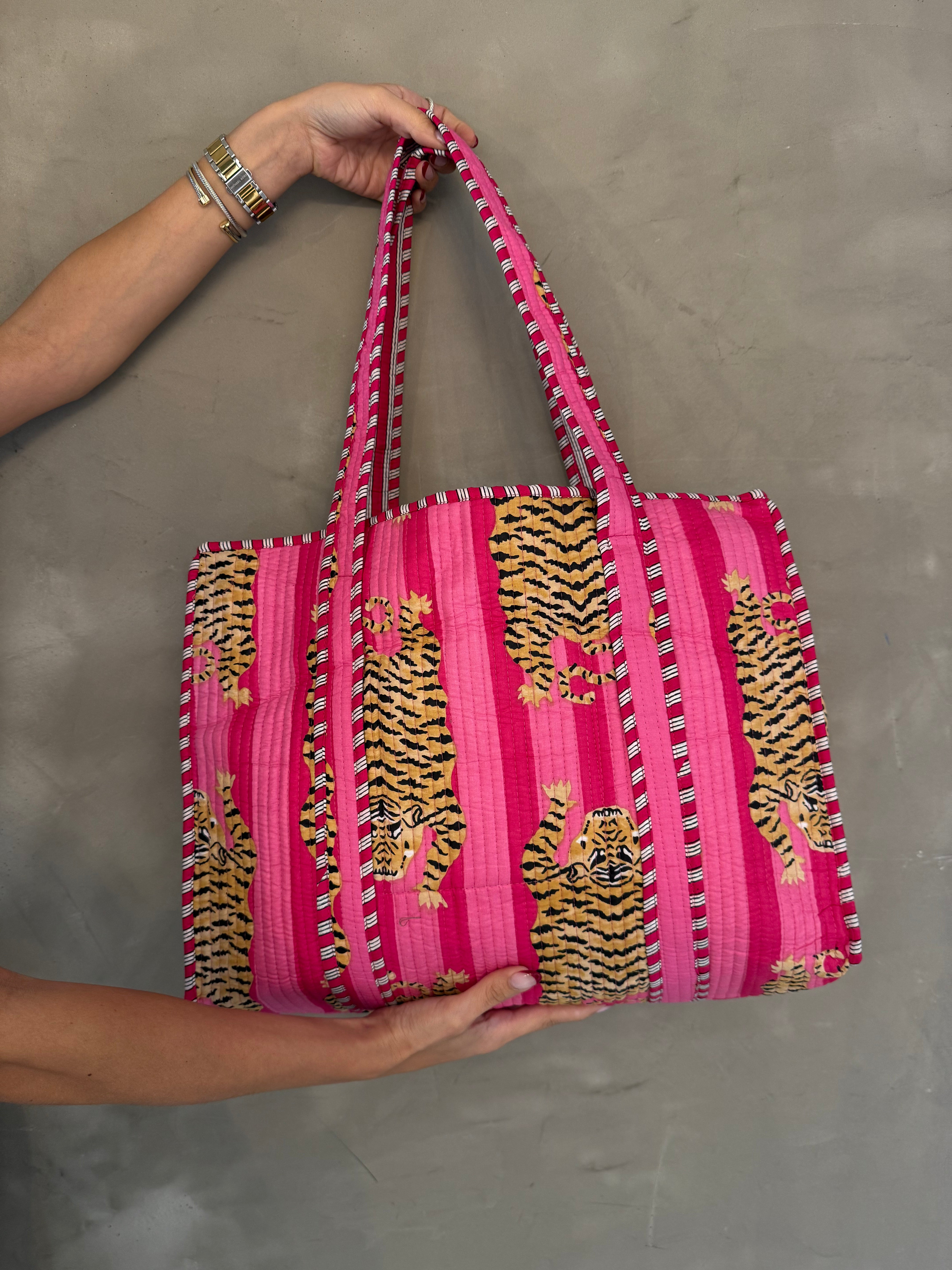 PINK TIGER QUILTED TOTE BAG