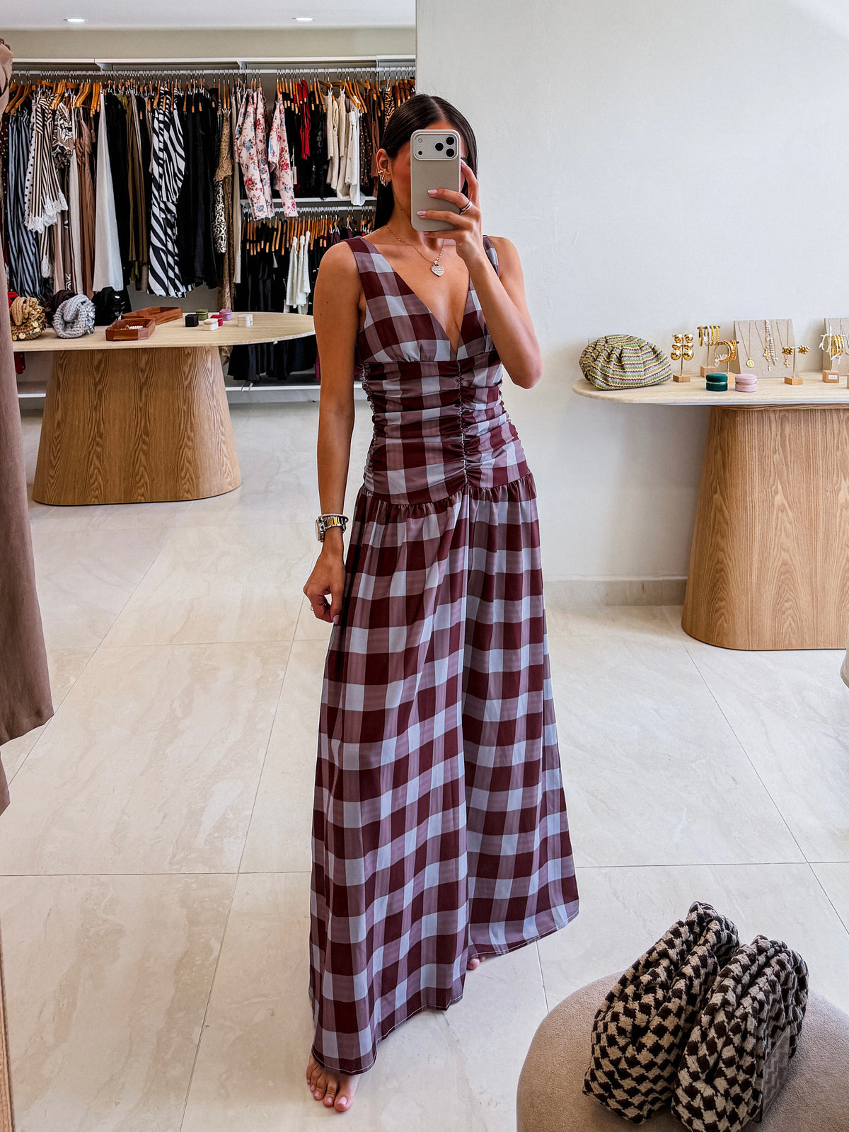 AMIRA PLAID BLUE/BROWN MAXI DRESS